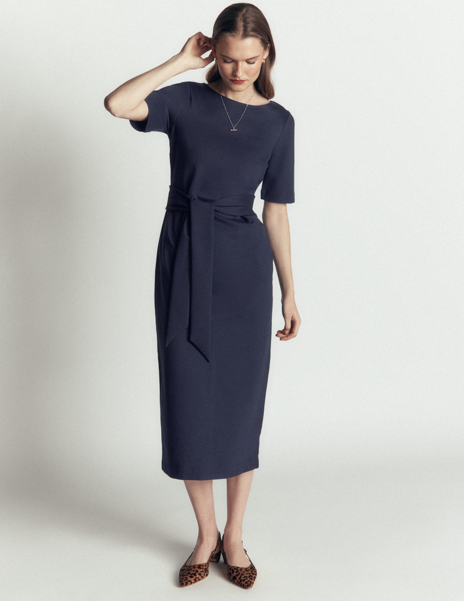 Belted Ponte Midi Dress-Navy-1