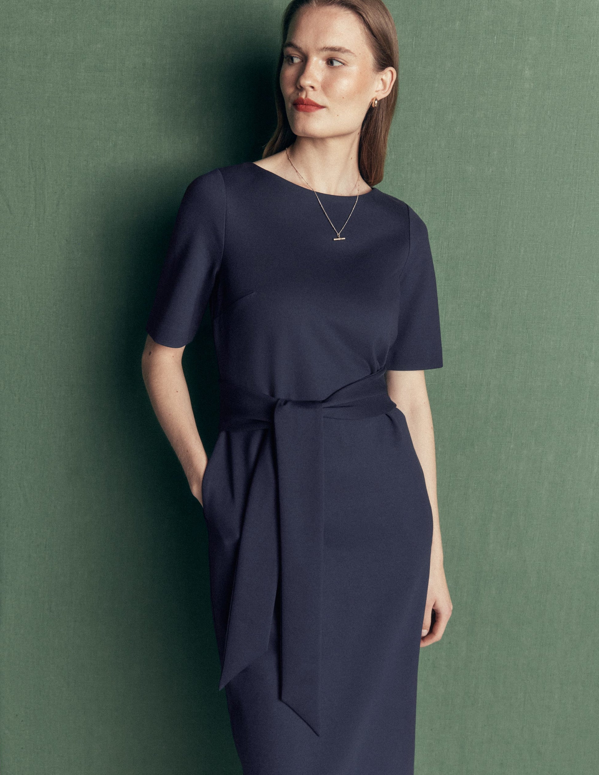 Belted Ponte Midi Dress-Navy-2