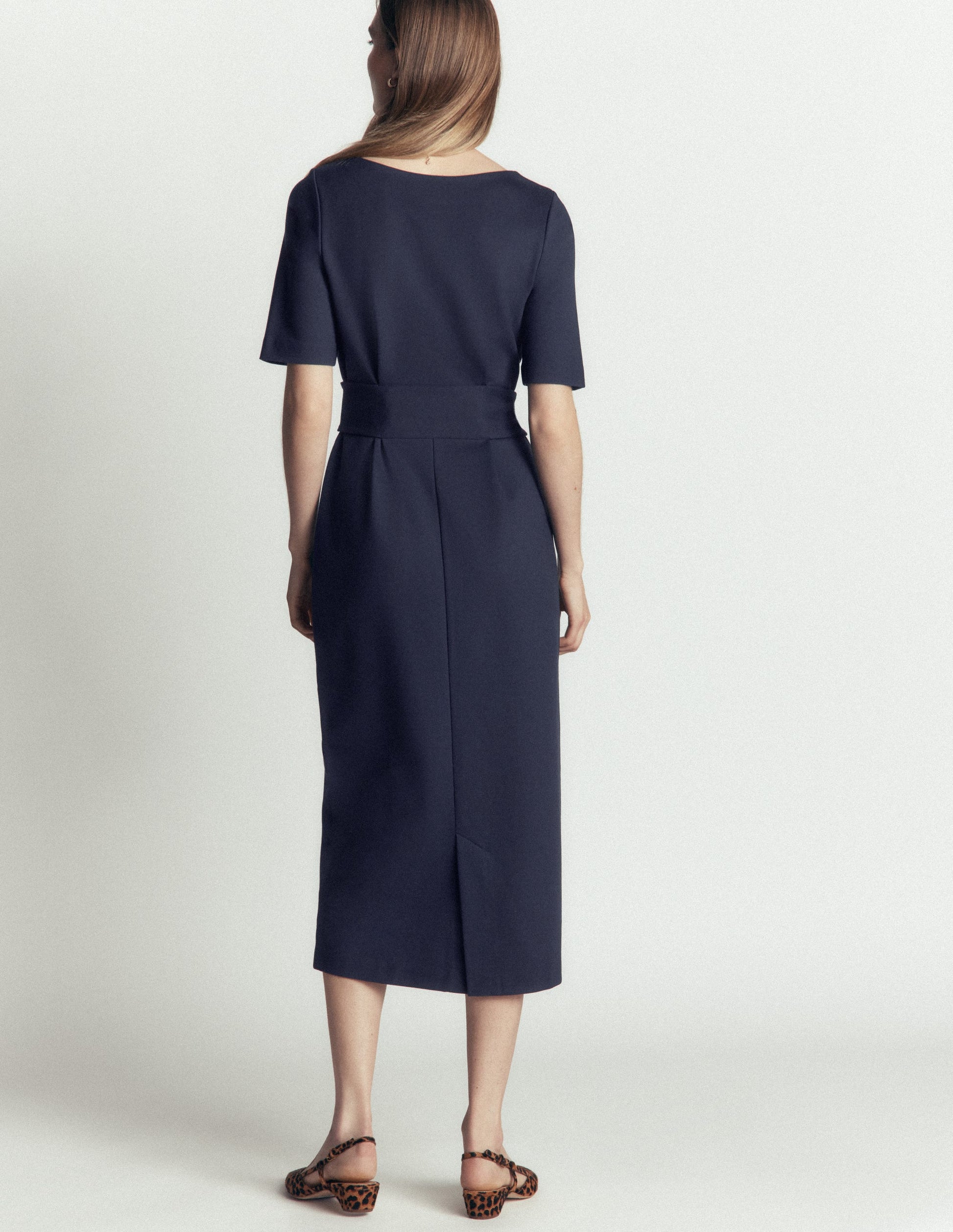 Belted Ponte Midi Dress-Navy-3