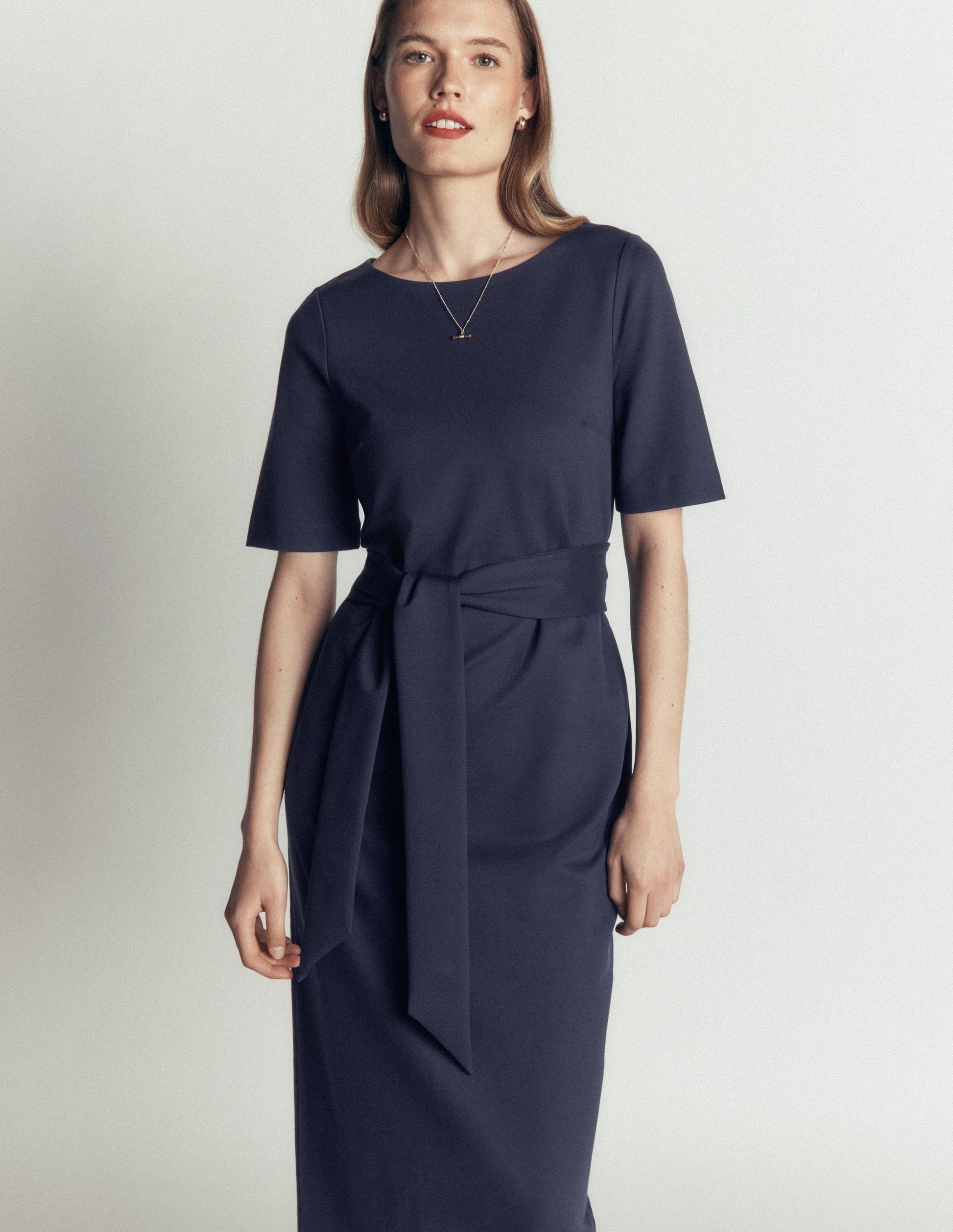 Belted Ponte Midi Dress-Navy-5