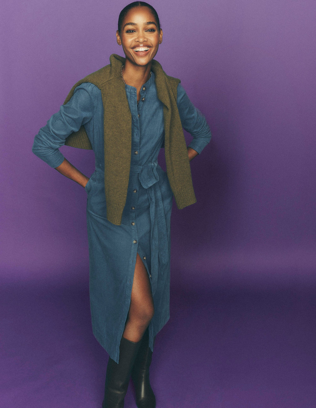 Louise Cord Midi Shirt Dress-Storm Blue-1