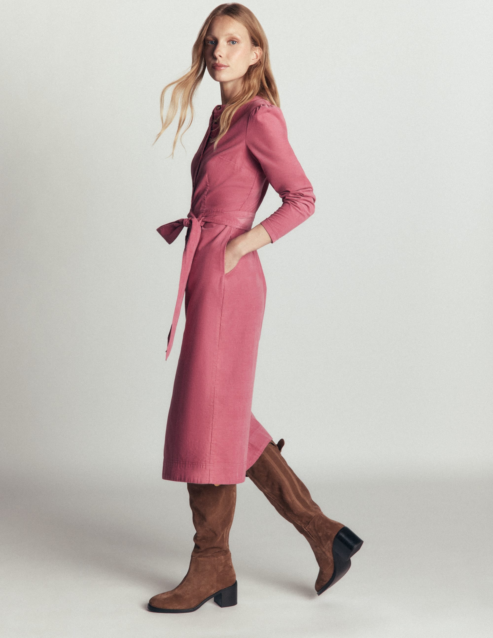 Louise Cord Midi Shirt Dress-Pink Heather - Image 6