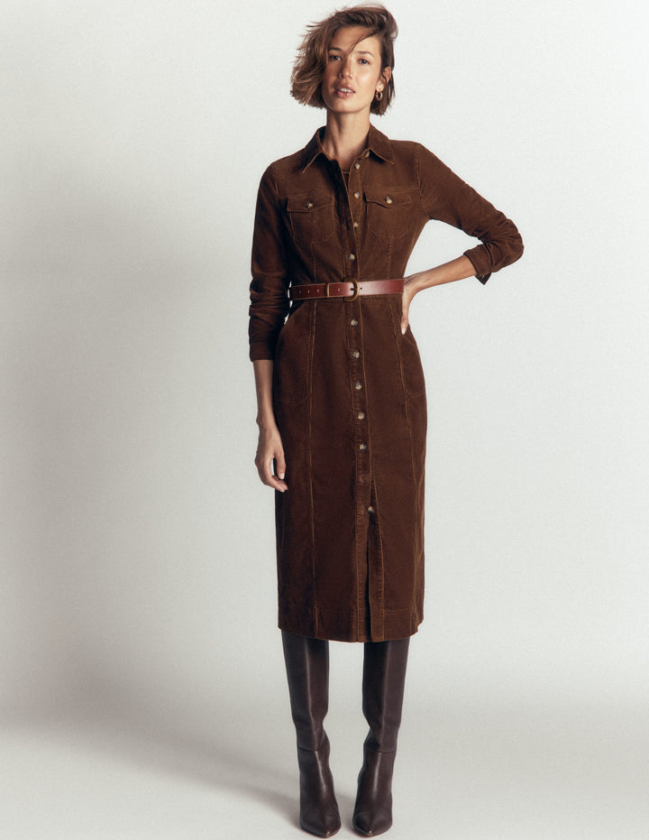 Fleur Cord Midi Dress-Raw Umber