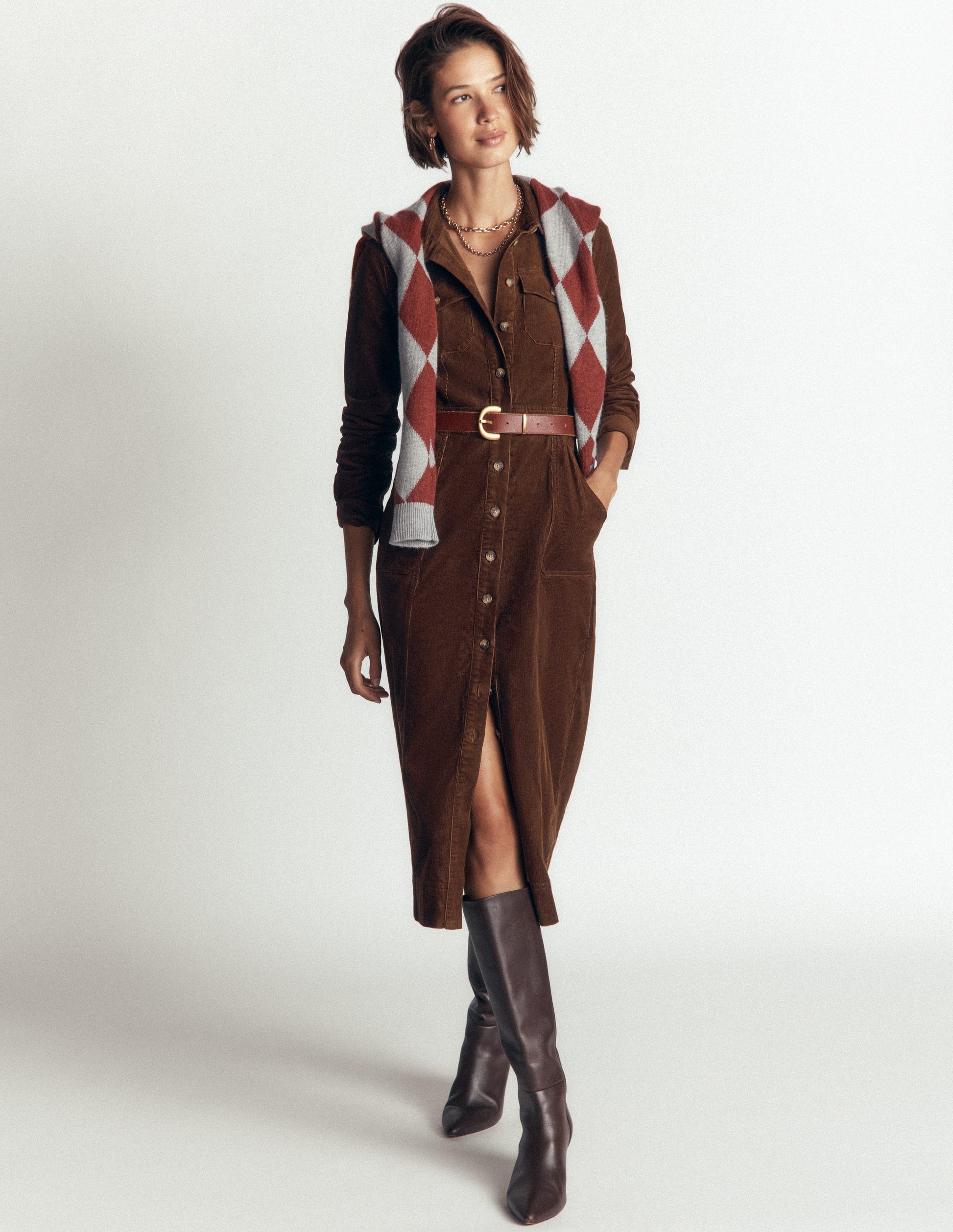 Fleur Cord Midi Dress-Raw Umber-5