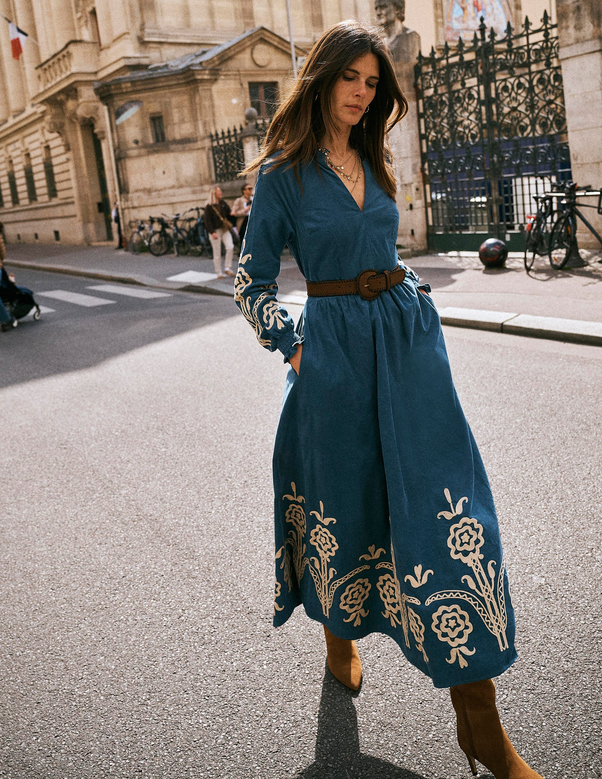 boden knee length dresses Smocked Cord Midi Dress - Storm Blue, Embroidery feature_Little Black Dress