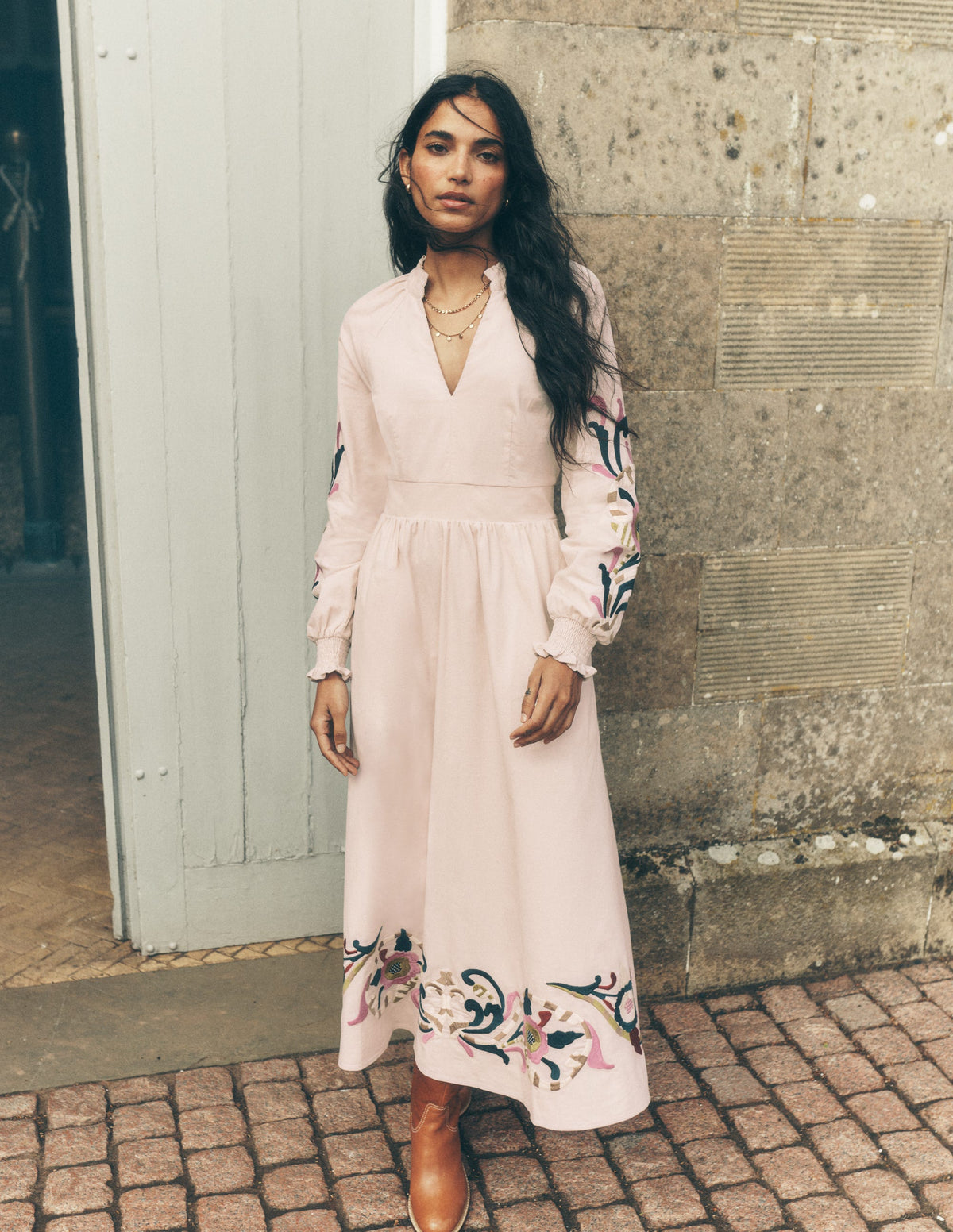 Smocked Cord Midi Dress-Almond Peach, Embroidery - Image 5