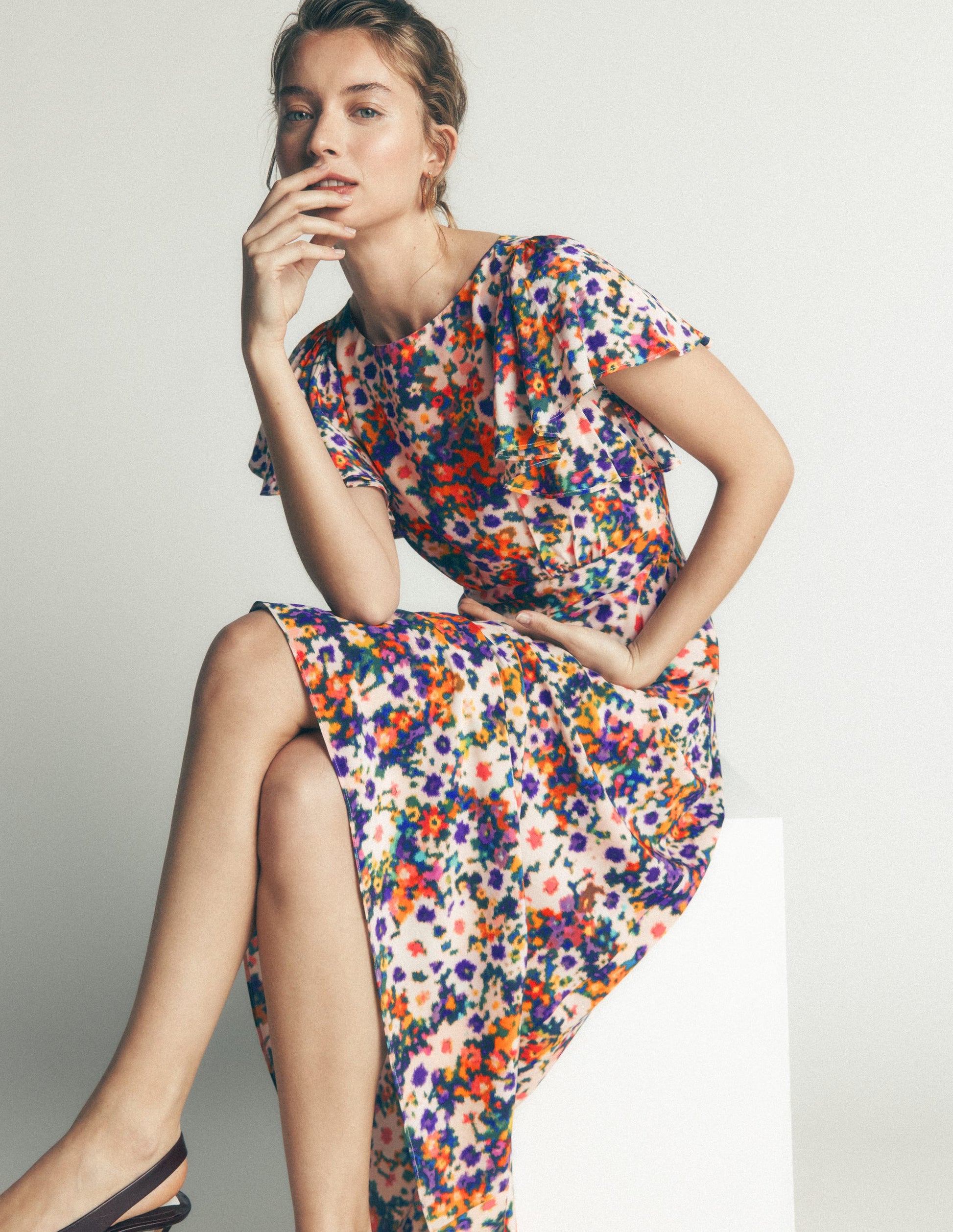 Draped Sleeve Occasion Dress-Multi, Flora Fusion-3