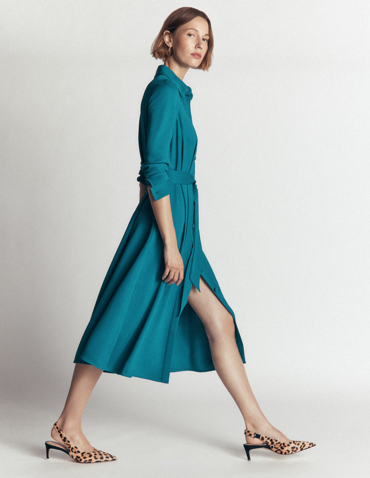 Kate Pleated Shirt Dress-Deep Sea Green