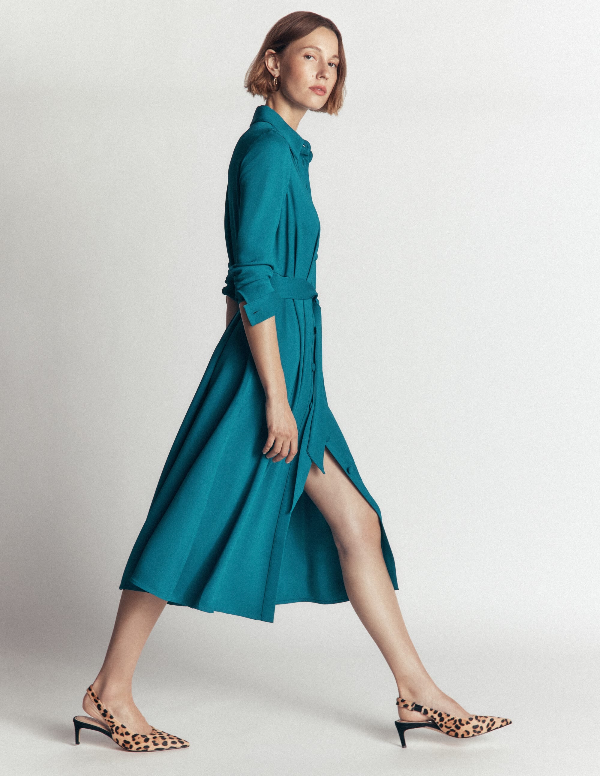 Kate Pleated Shirt Dress-Deep Sea Green - Image 2
