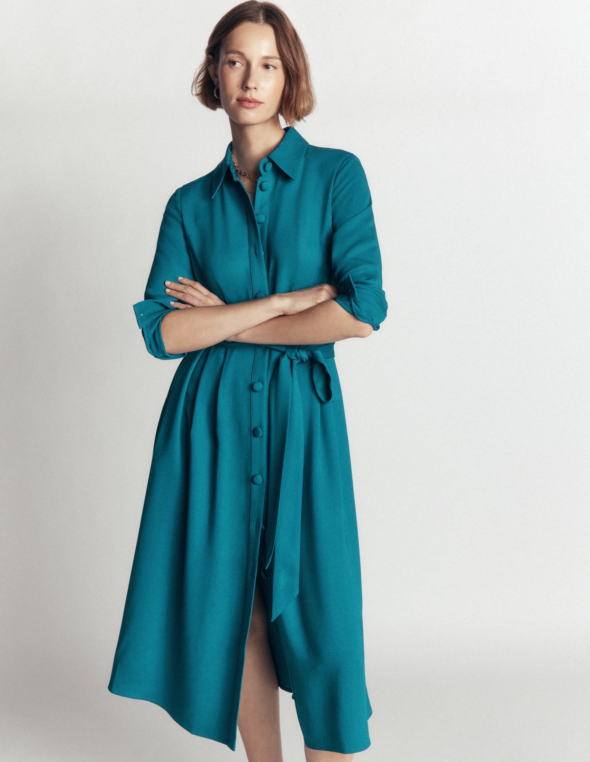 Kate Pleated Shirt Dress-Deep Sea Green - Image 3