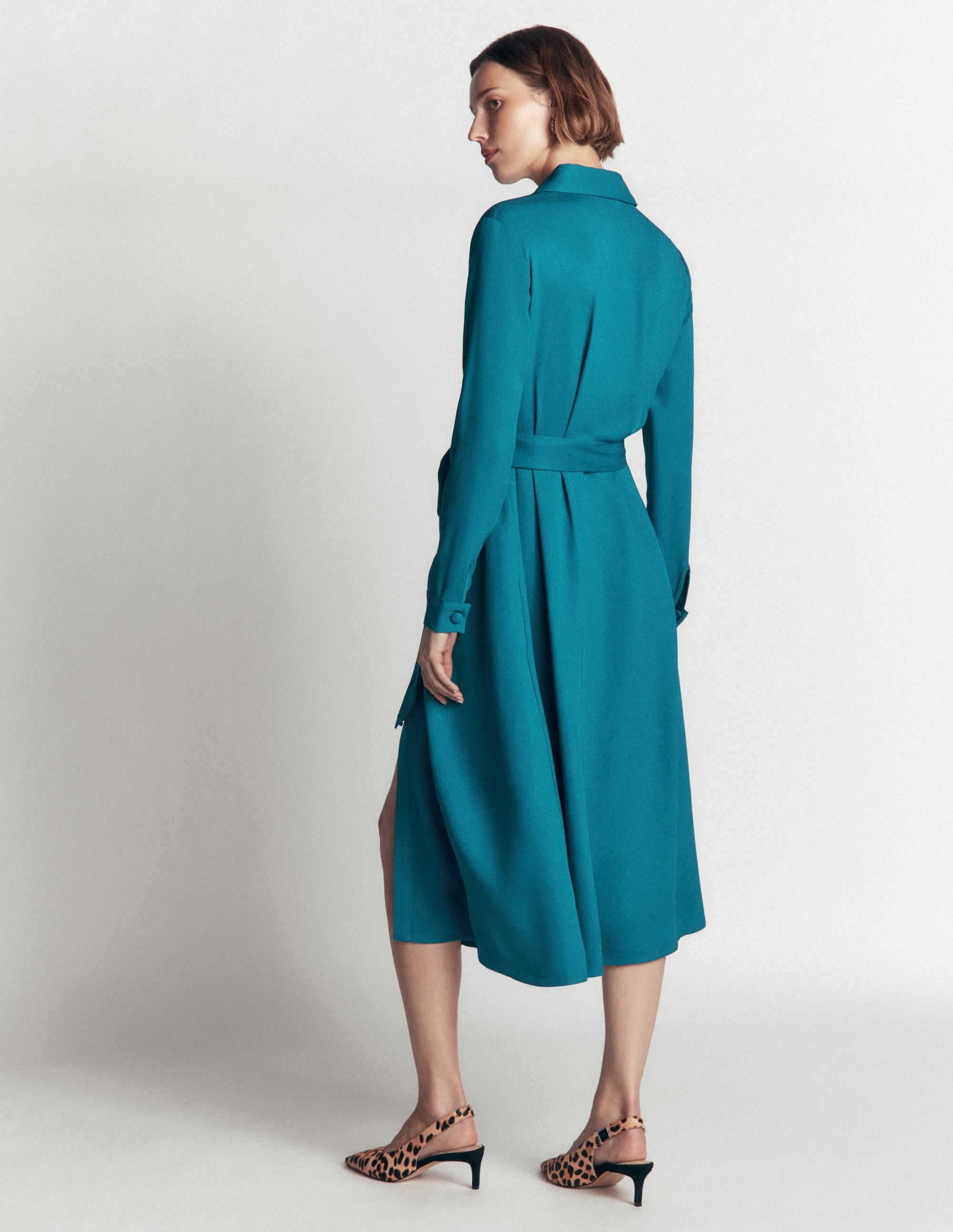 Kate Pleated Shirt Dress-Deep Sea Green - Image 4