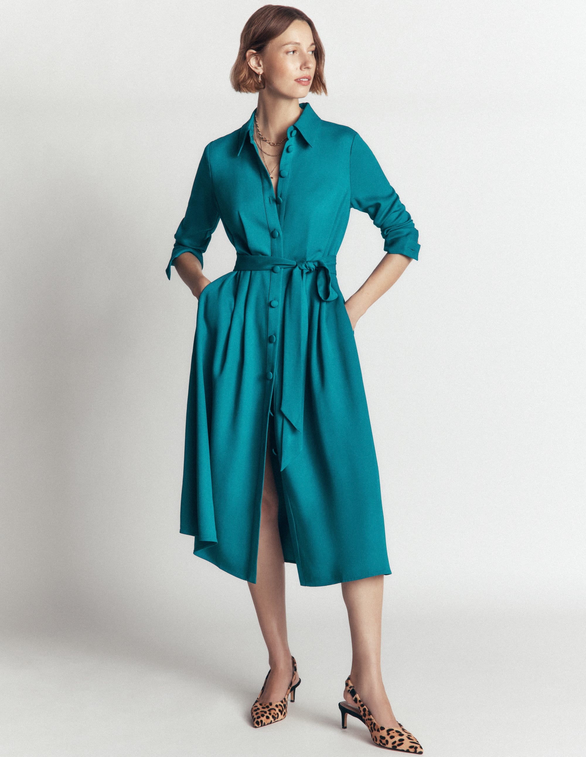 Kate Pleated Shirt Dress-Deep Sea Green - Image 5