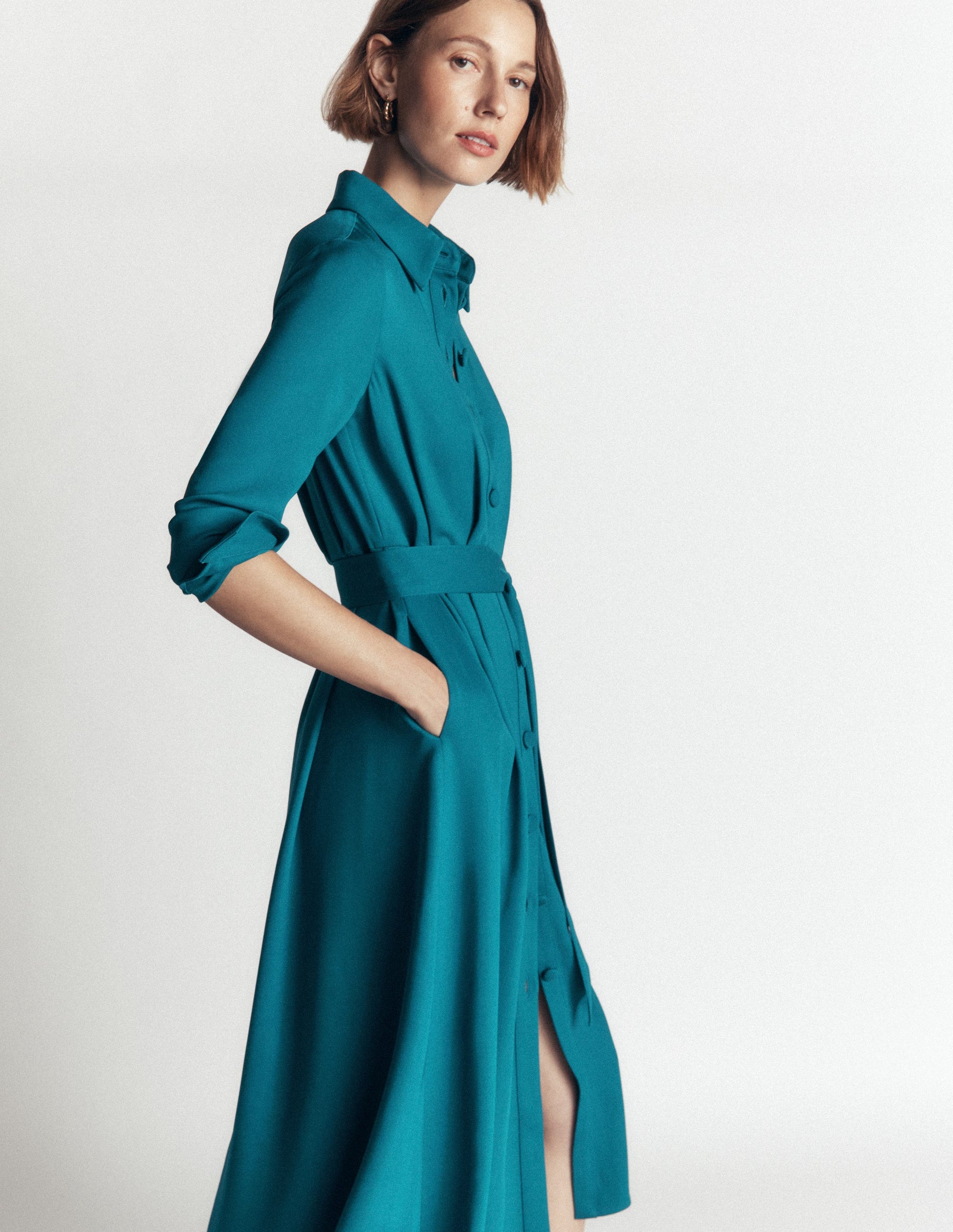 Kate Pleated Shirt Dress-Deep Sea Green-8