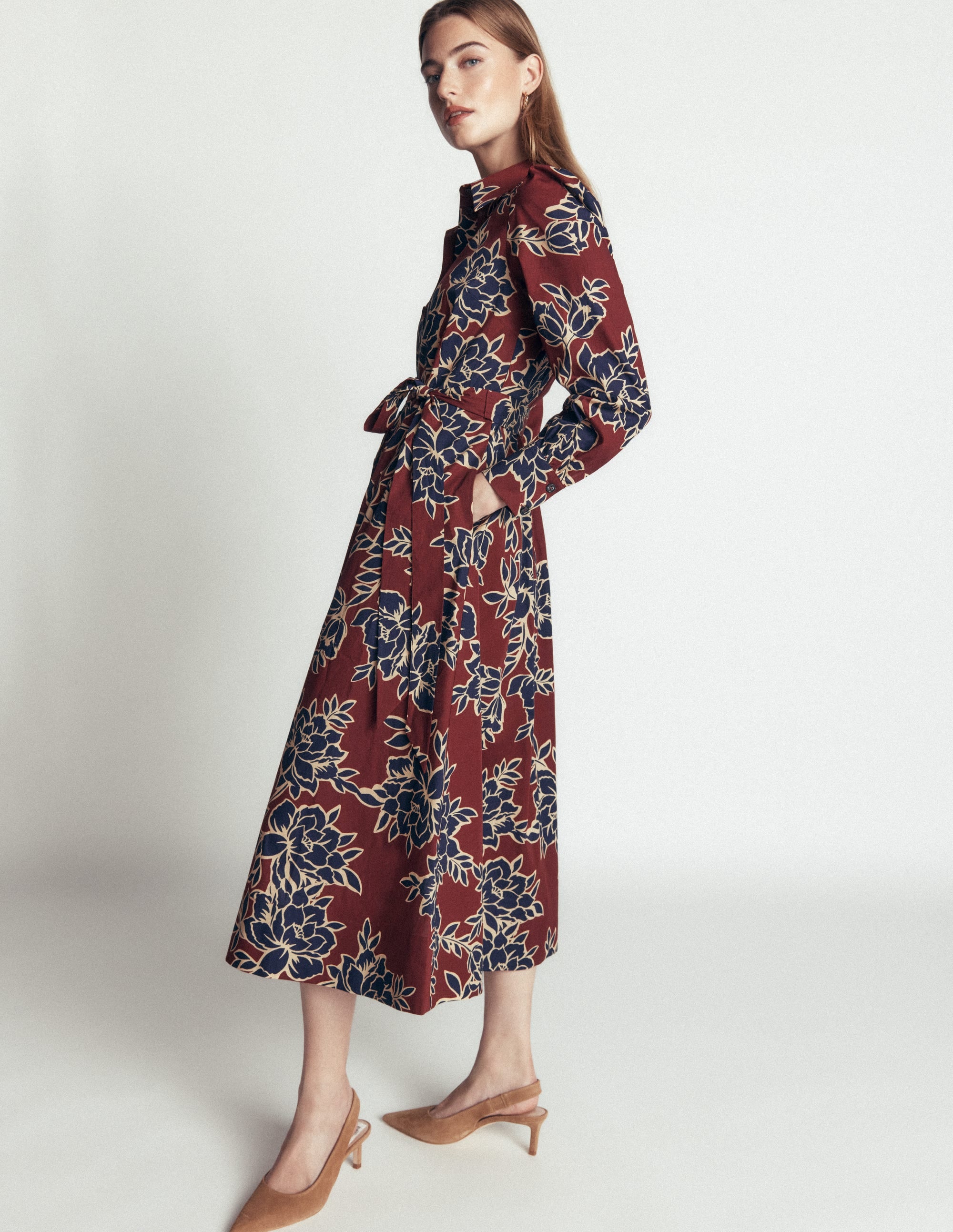 Maeve Cotton Midi Shirt Dress-Brown, Enchanted Peony Large - Image 1