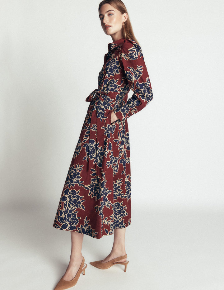 Maeve Cotton Midi Shirt Dress-Brown, Enchanted Peony Large