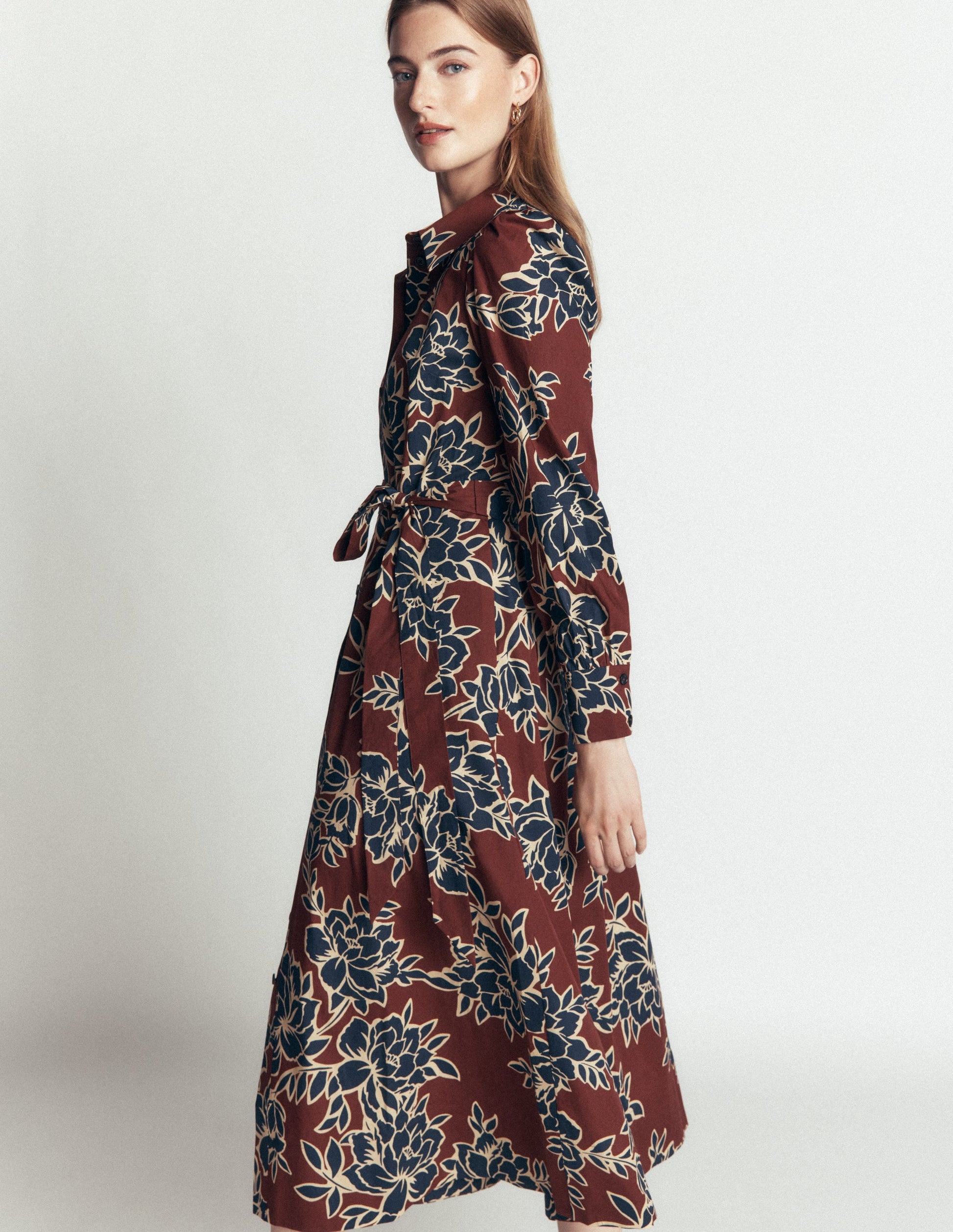 Maeve Cotton Midi Shirt Dress-Brown, Enchanted Peony Large-2