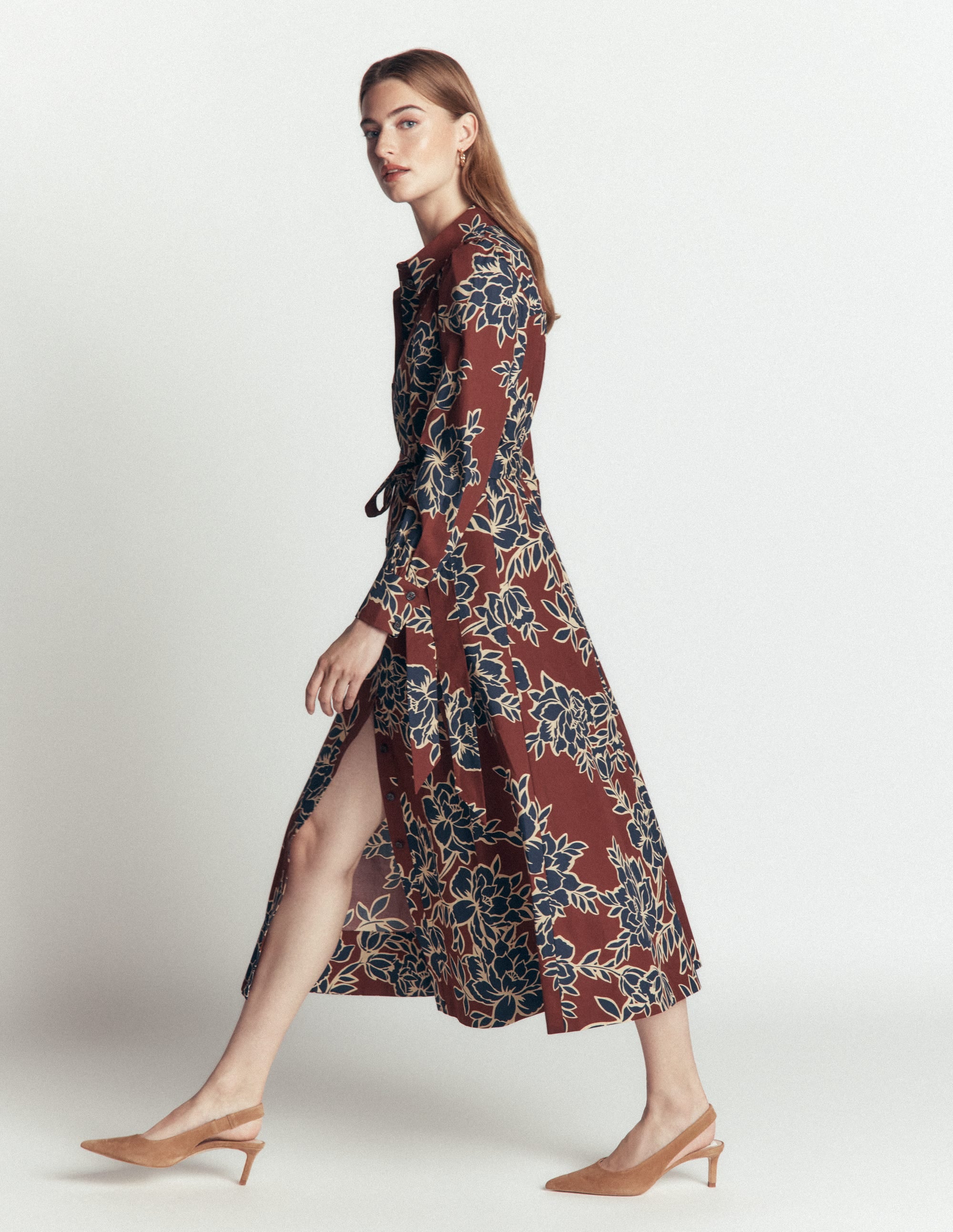 Maeve Cotton Midi Shirt Dress-Brown, Enchanted Peony Large - Image 4