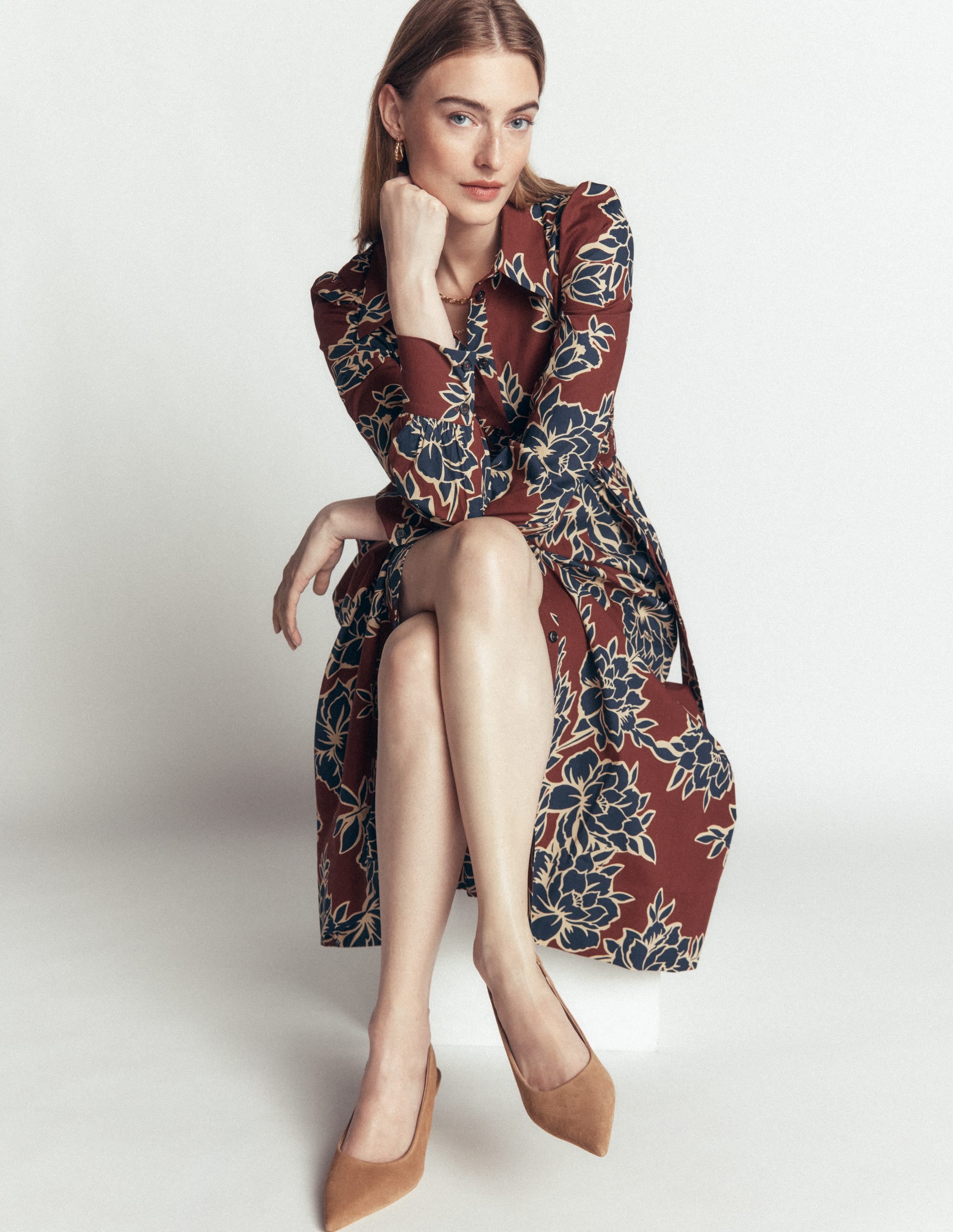 Maeve Cotton Midi Shirt Dress-Brown, Enchanted Peony Large - Image 5