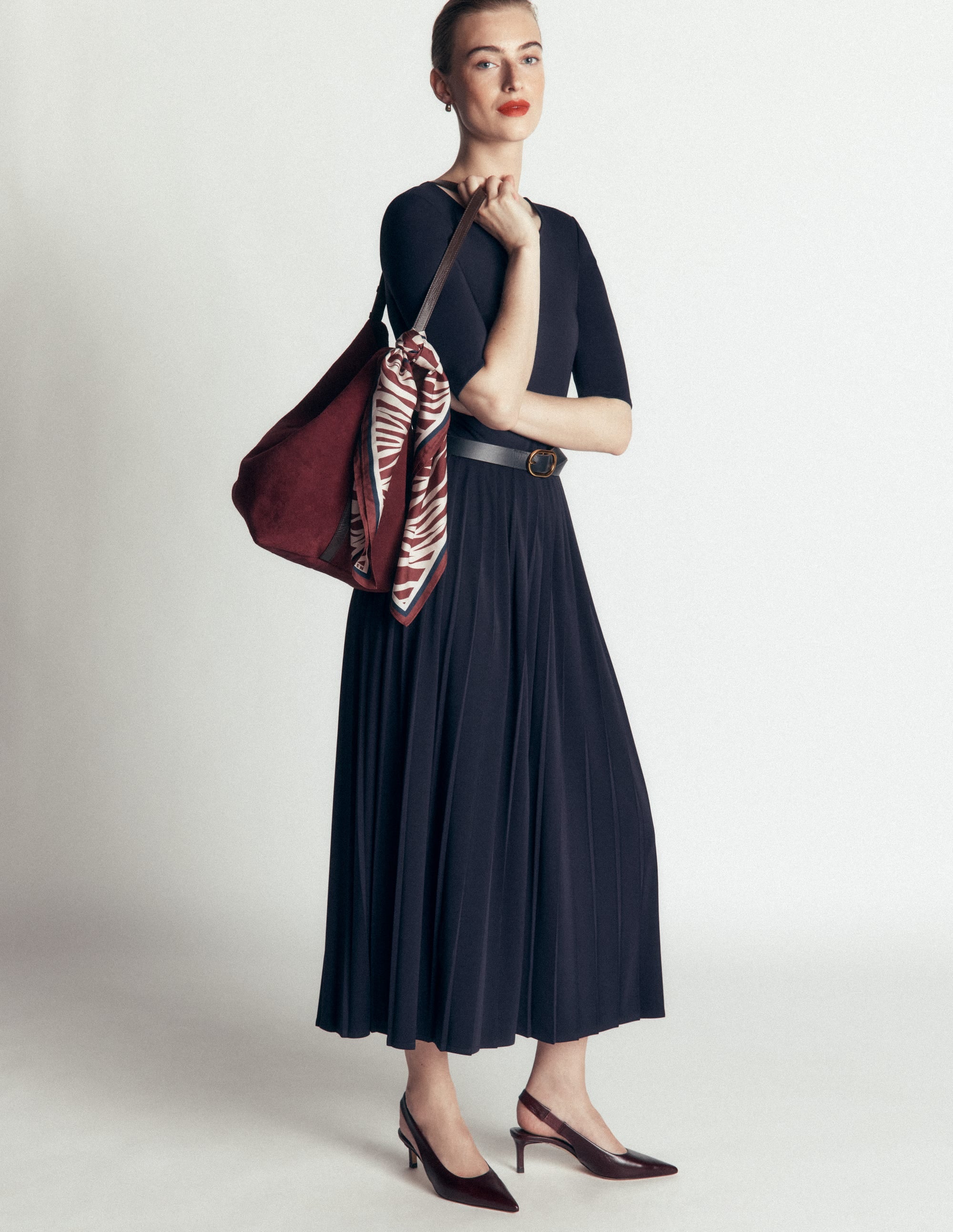 Pleated Jersey Midi Dress-Navy - Image 2