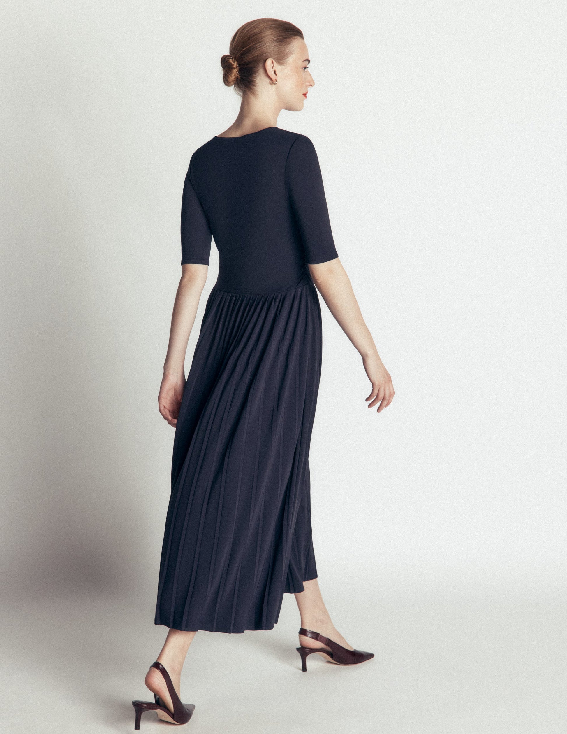 Pleated Jersey Midi Dress-Navy-5
