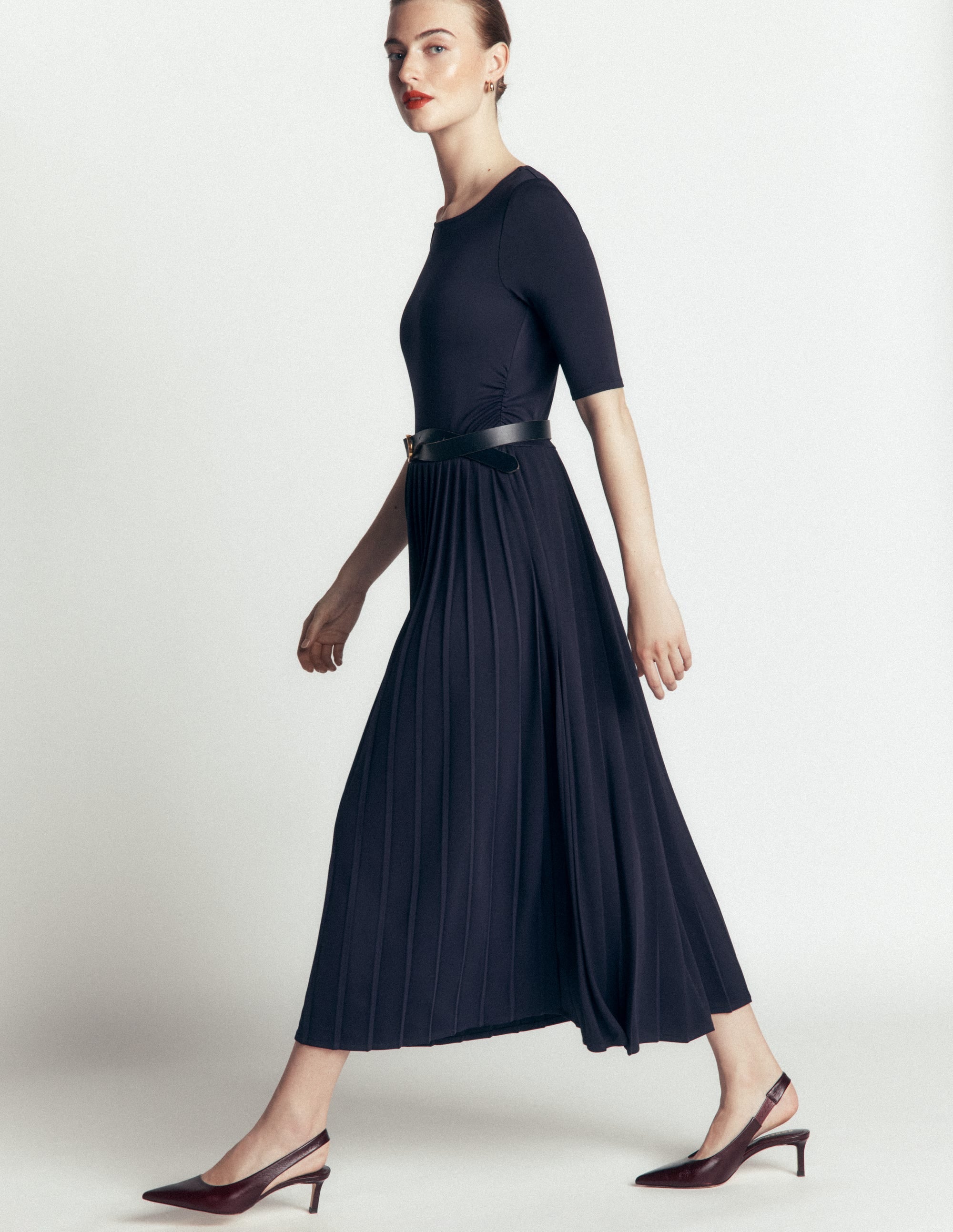 Pleated Jersey Midi Dress-Navy - Image 5