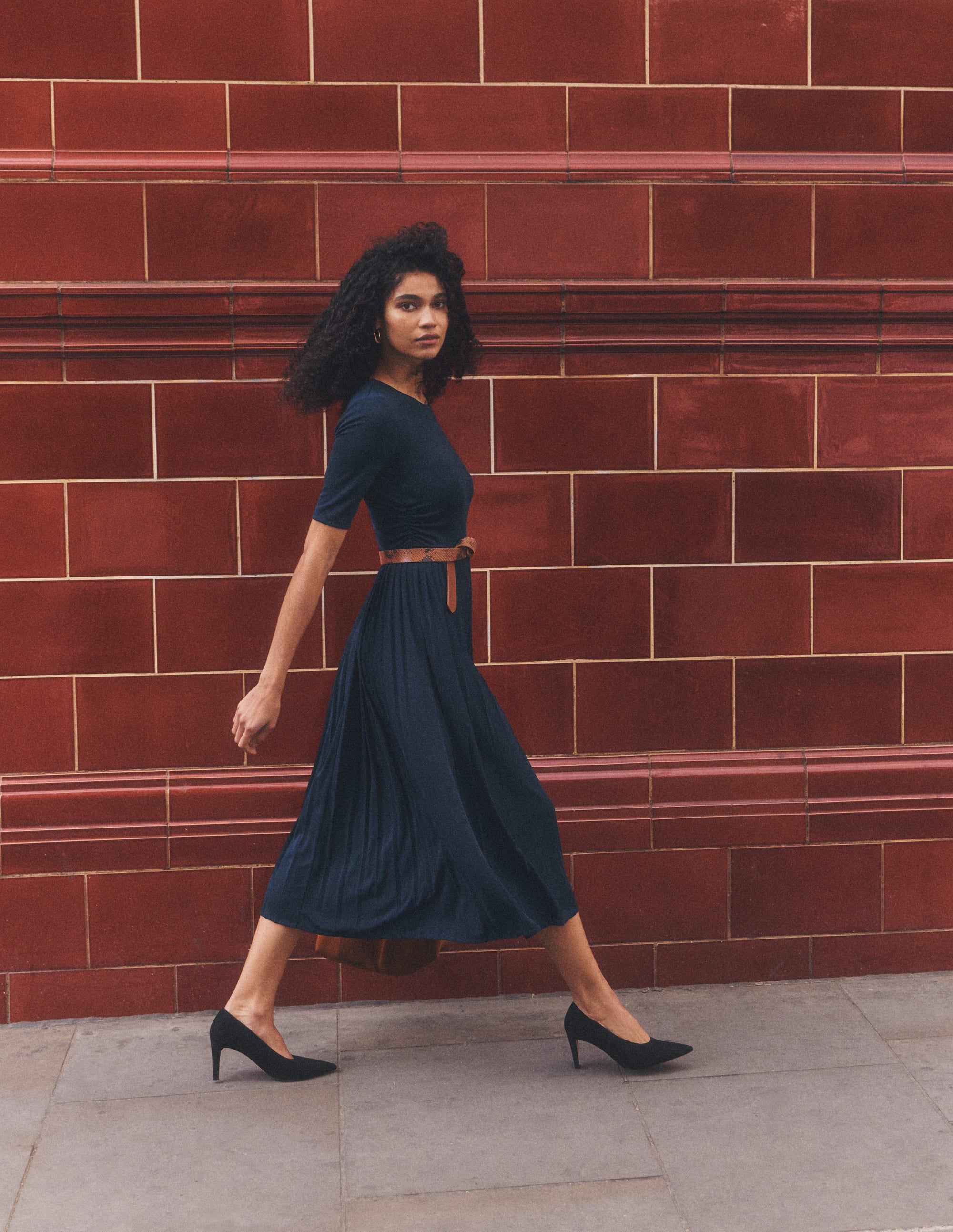 Pleated Jersey Midi Dress-Navy - Image 1