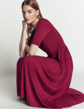 Pleated Jersey Midi Dress-Beetroot Red