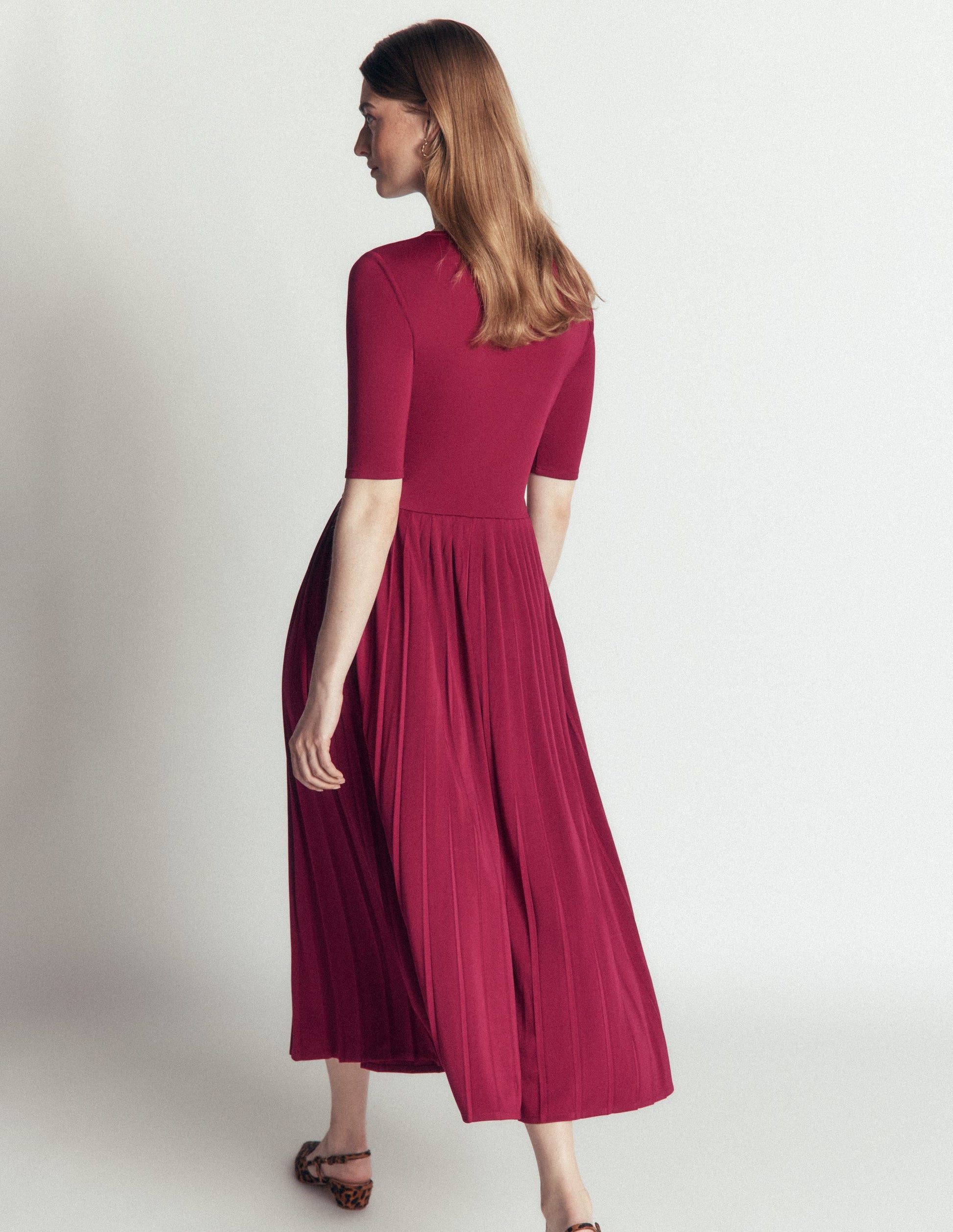Pleated Jersey Midi Dress-Beetroot Red-3