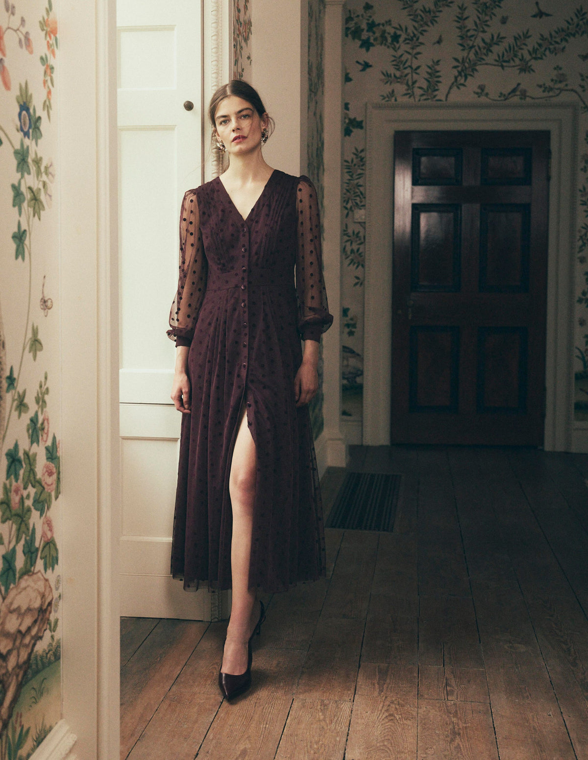 Pleated Tulle Midi Dress-Dark Cherry-1