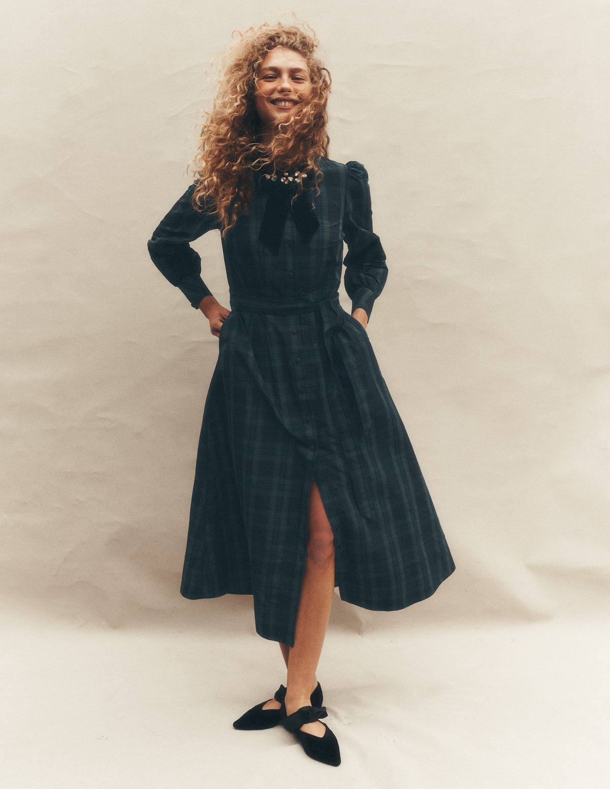 Maeve Occasion Shirt Dress-Navy, Green and Blue Check - Image 1