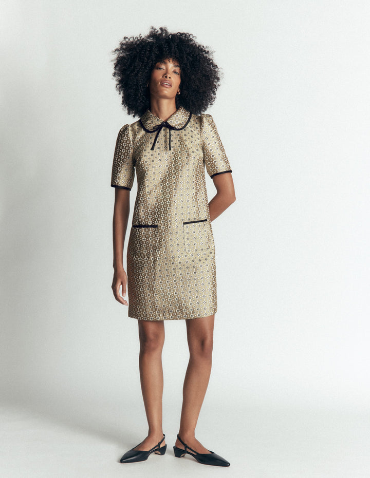 Bow Detail Pocket Shift Dress-Gold Jacquard