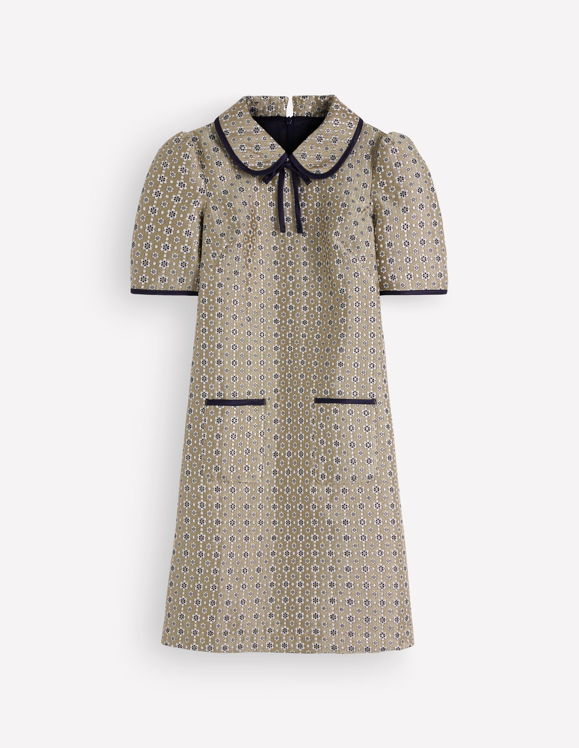Bow Detail Pocket Shift Dress-Gold Jacquard - Image 6
