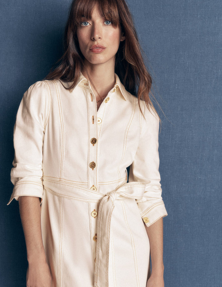 Belted Denim Midi Dress-Ecru Denim