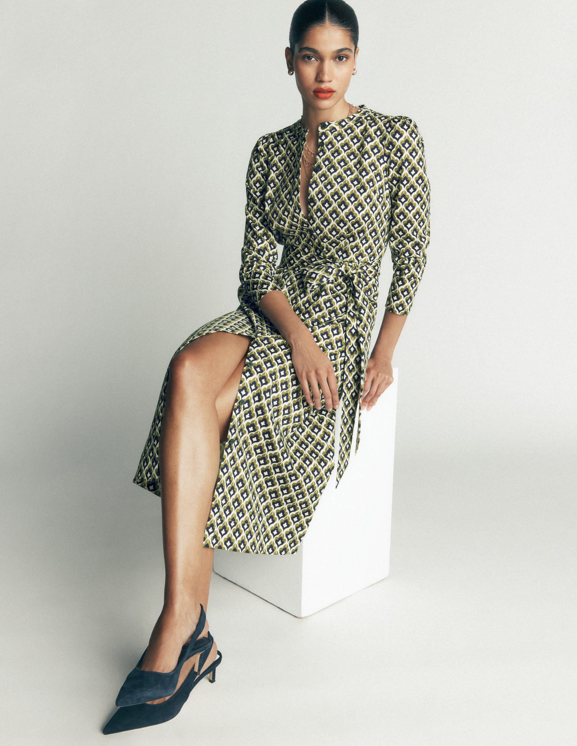 Louise Midi Shirt Dress-French Navy, Geo Party - Image 1