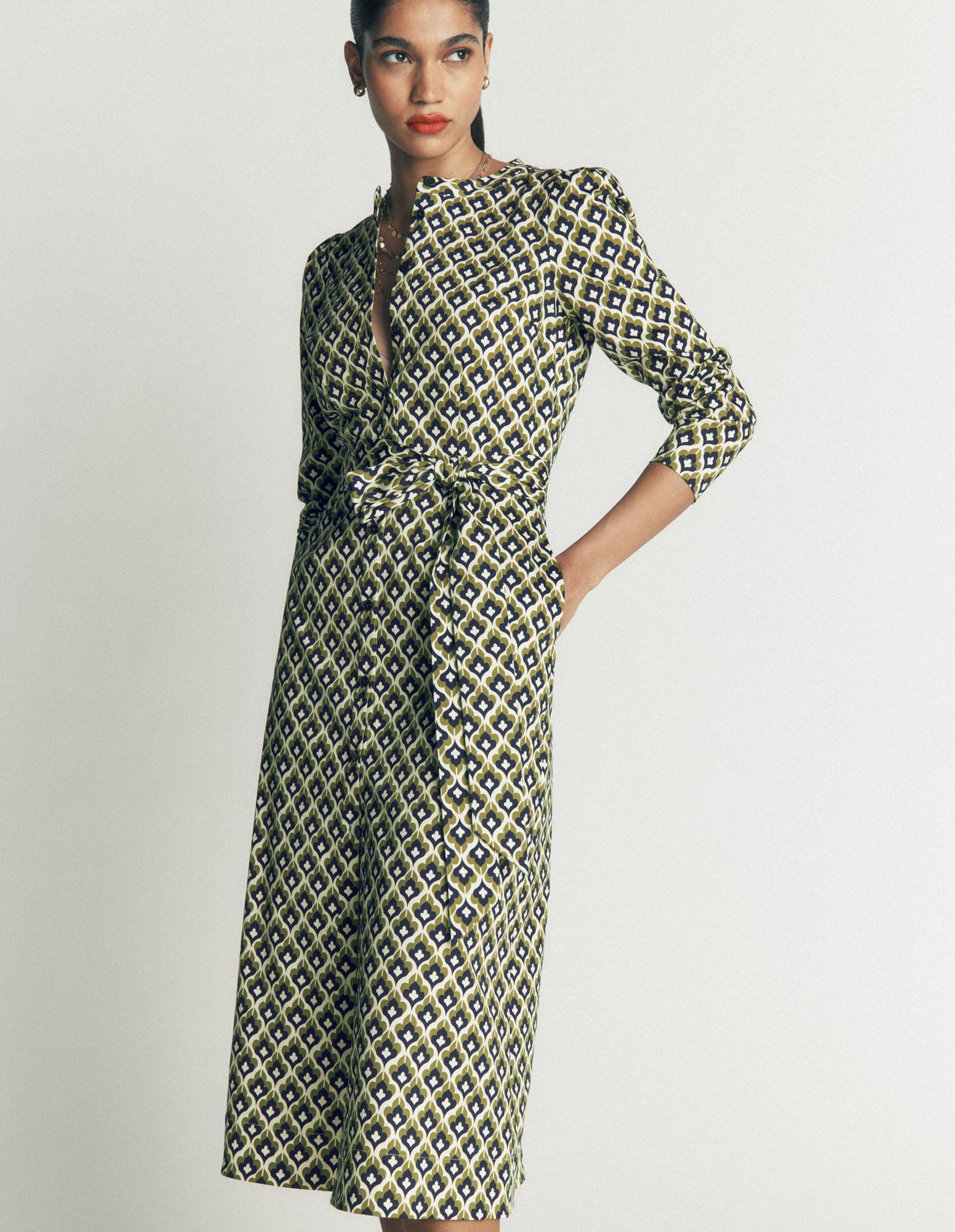 Louise Midi Shirt Dress-French Navy, Geo Party-4