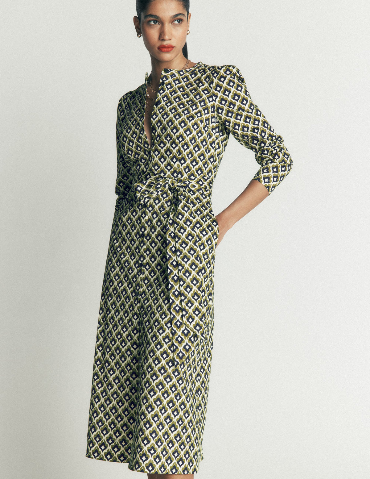 Louise Midi Shirt Dress-French Navy, Geo Party - Image 4