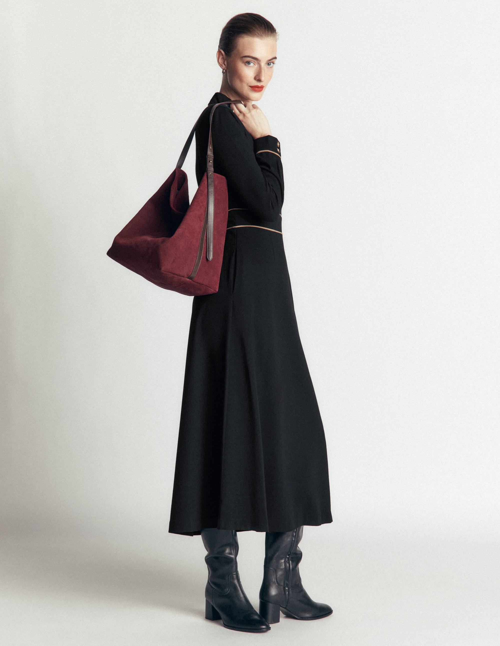 Etta Piping Detail Ponte Dress-Black, Camel - Image 1
