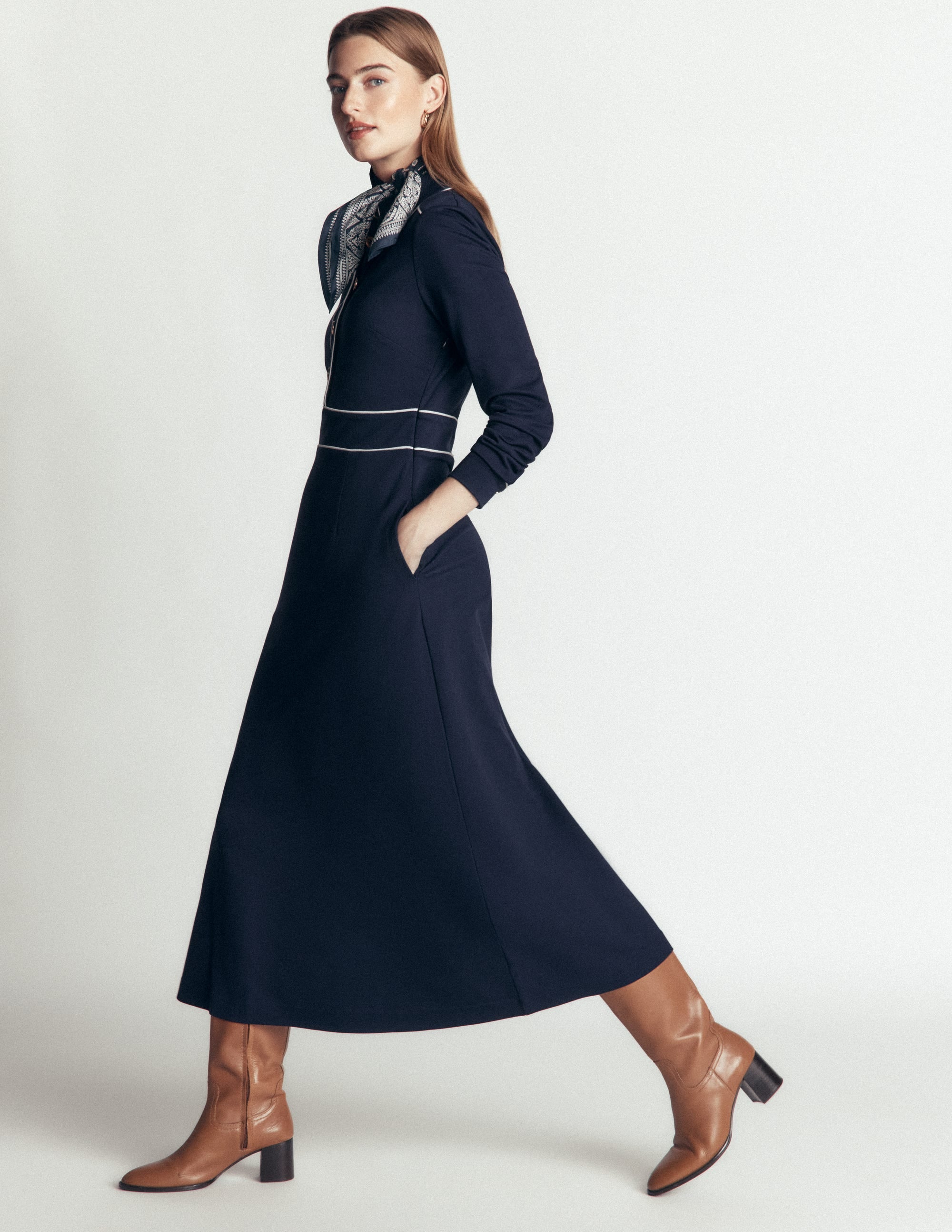 Etta Piping Detail Ponte Dress-Navy, Ivory - Image 1