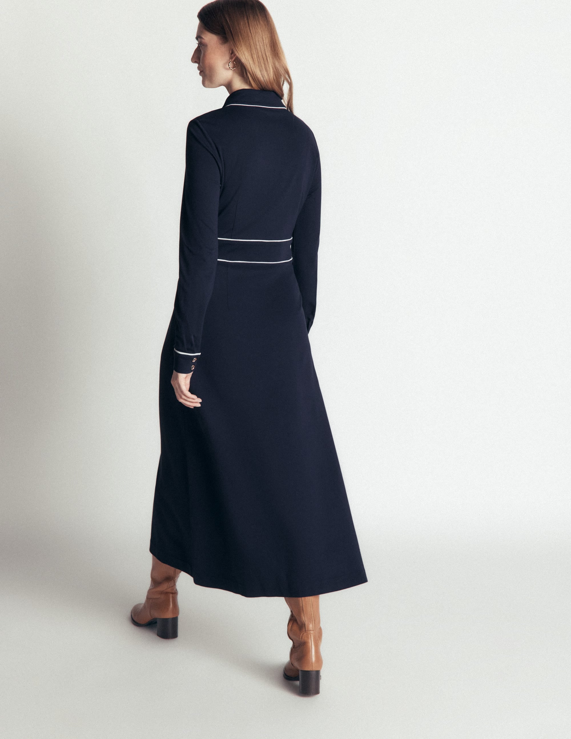 Etta Piping Detail Ponte Dress-Navy, Ivory - Image 2