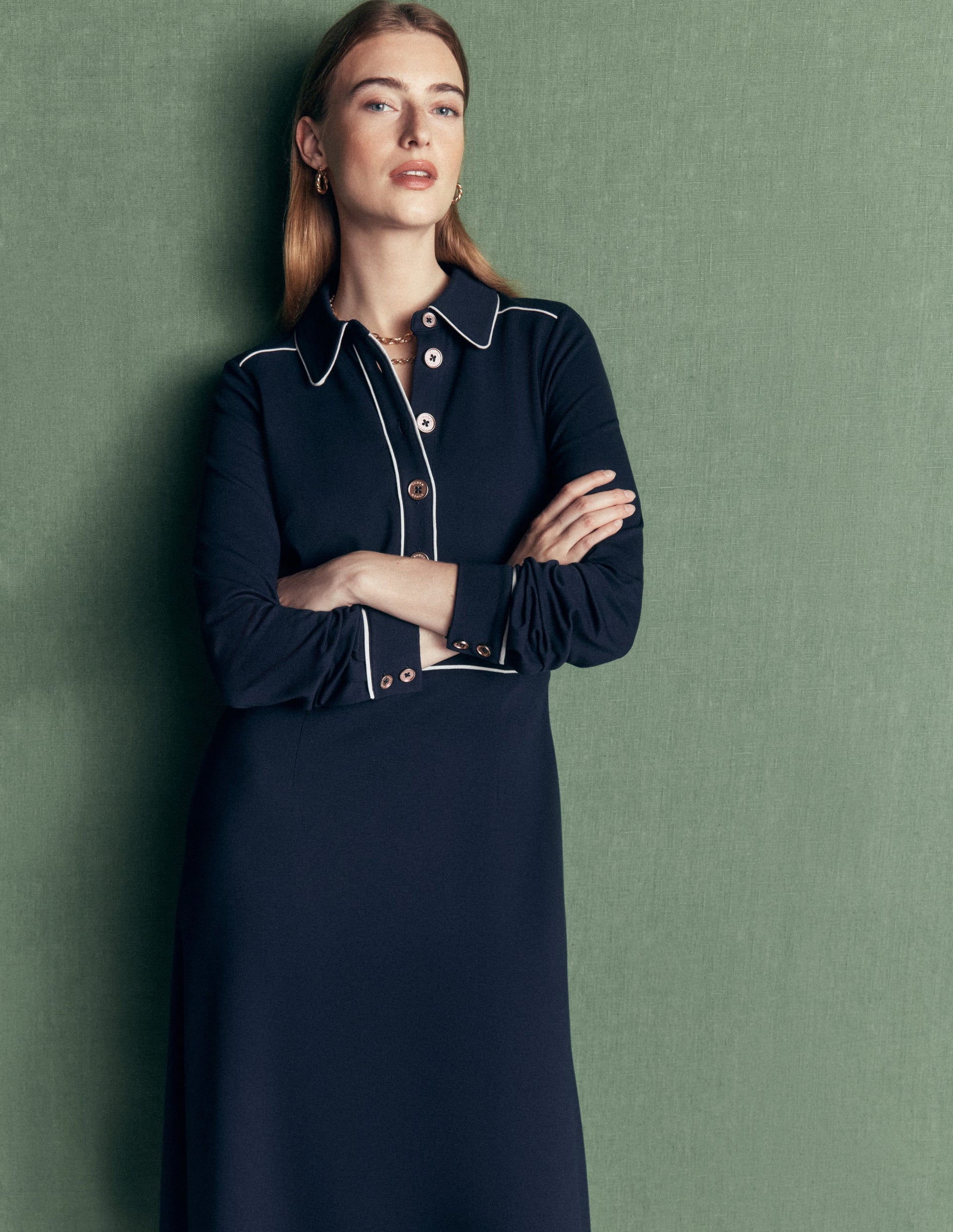 Etta Piping Detail Ponte Dress-Navy, Ivory-3