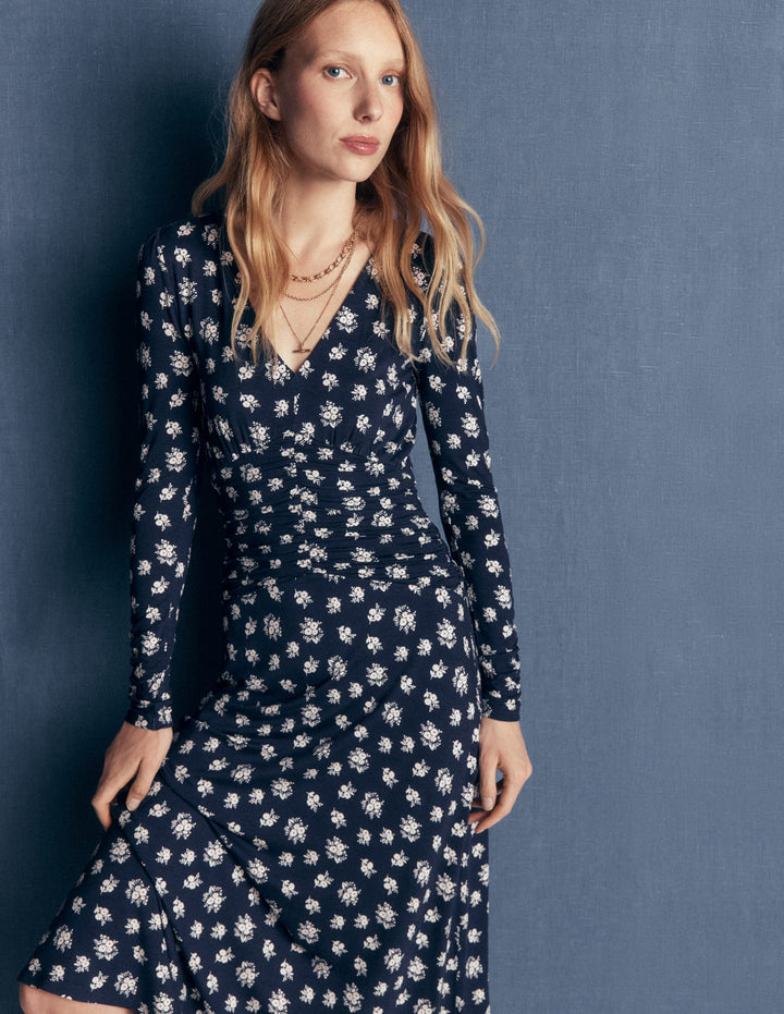 Mya Ruched Jersey Midi Dress-French Navy, Delicate Garden