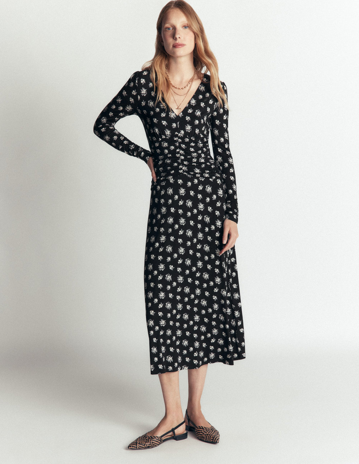 Mya Ruched Jersey Midi Dress-French Navy, Delicate Garden - Image 1