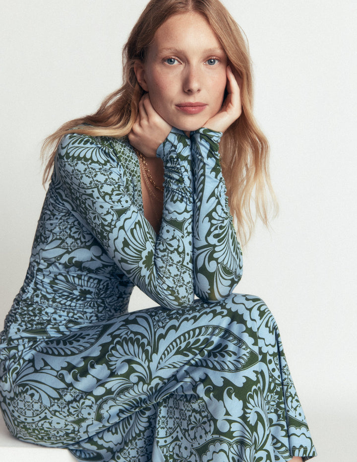 Mya Ruched Jersey Midi Dress-Forest Green, Botanical Medley