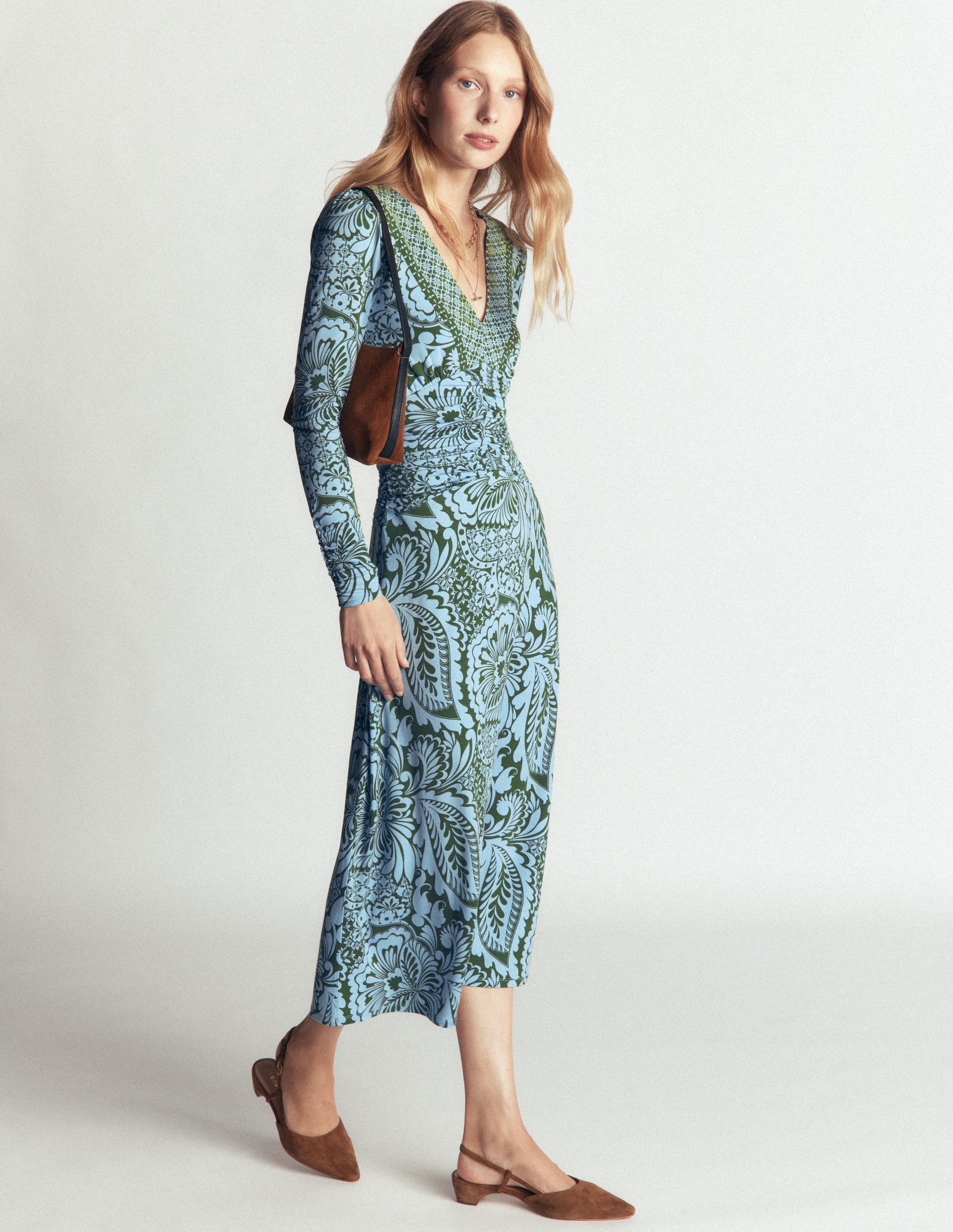 Mya Ruched Jersey Midi Dress-Forest Green, Botanical Medley-6