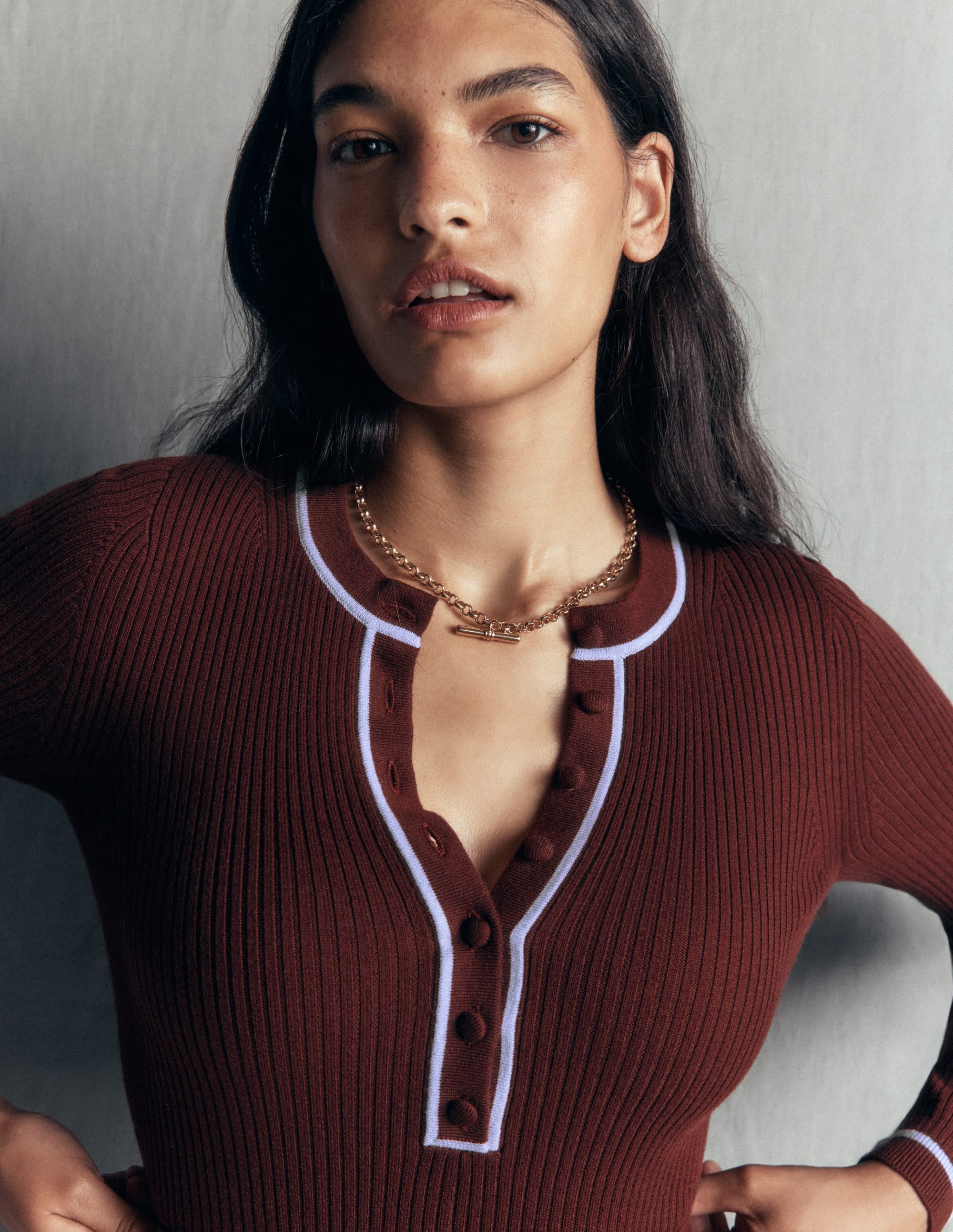 Paula Ribbed Crew Dress-Raw Umber, Faded Denim - Image 3