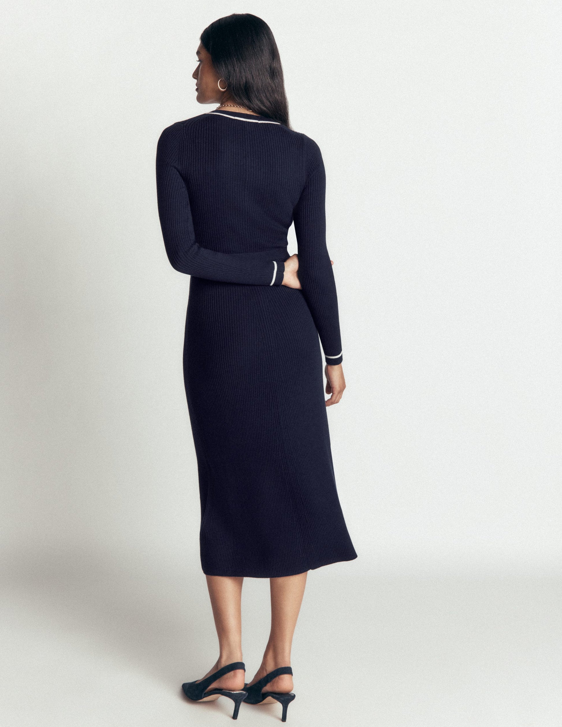 Paula Ribbed Crew Dress-Navy, Warm Ivory-3