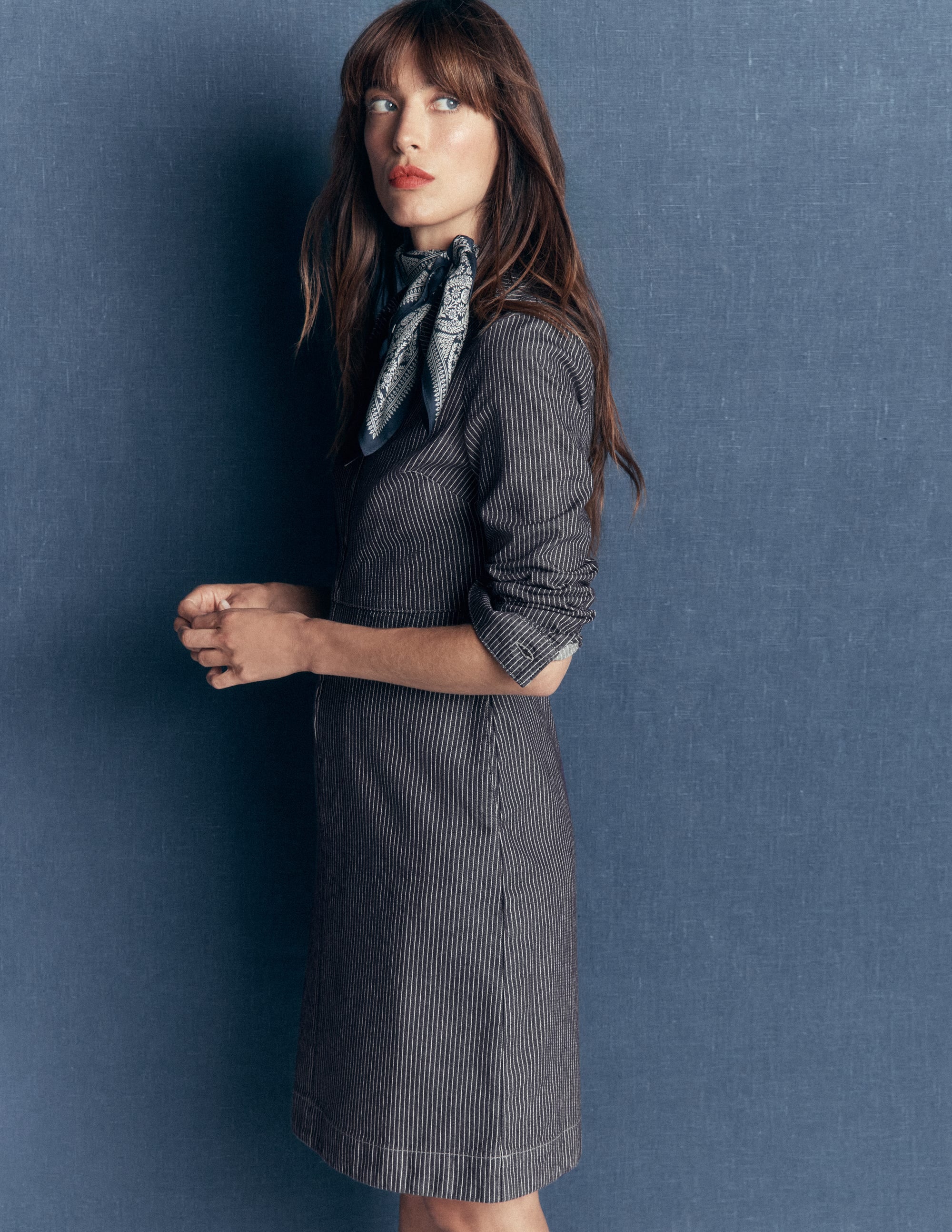 Bronte Denim Short Dress-Fine Denim Ticking Stripe - Image 1
