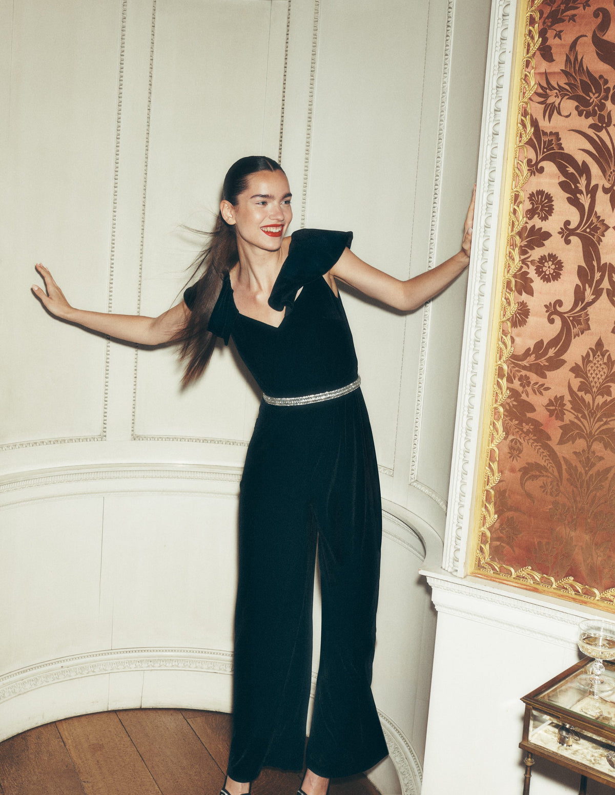 Ruffle Velvet Jumpsuit-Black - Image 6