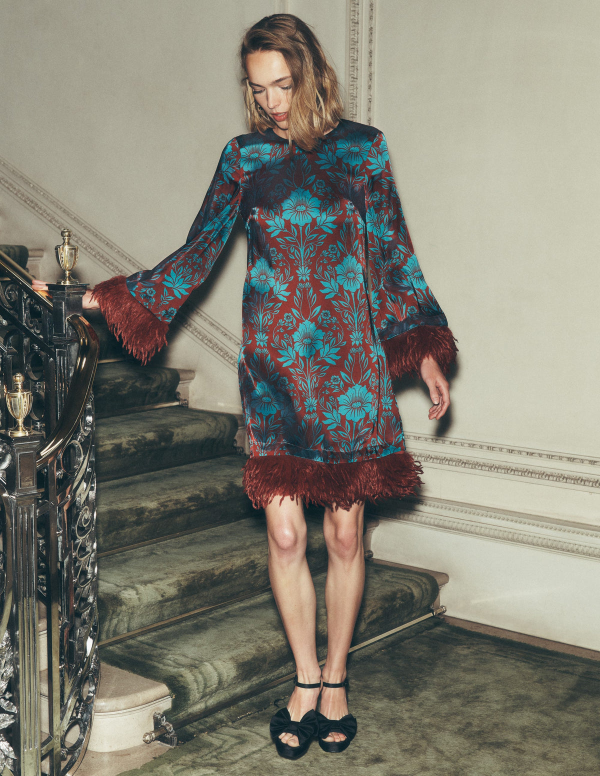 Faux Feather Satin Dress-Crystal Teal Flourishing Sprig - Image 1