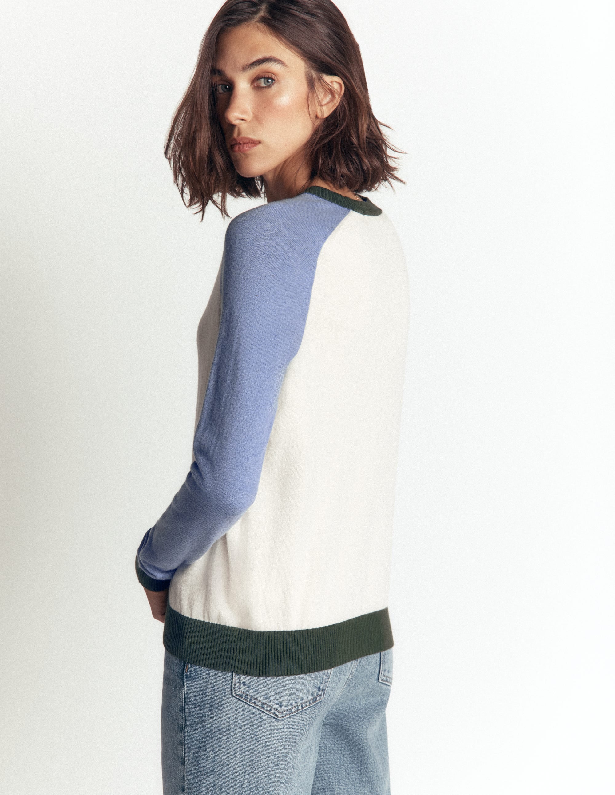 Meg Raglan Sleeve Jumper-Ivory, Blue and Green - Image 3